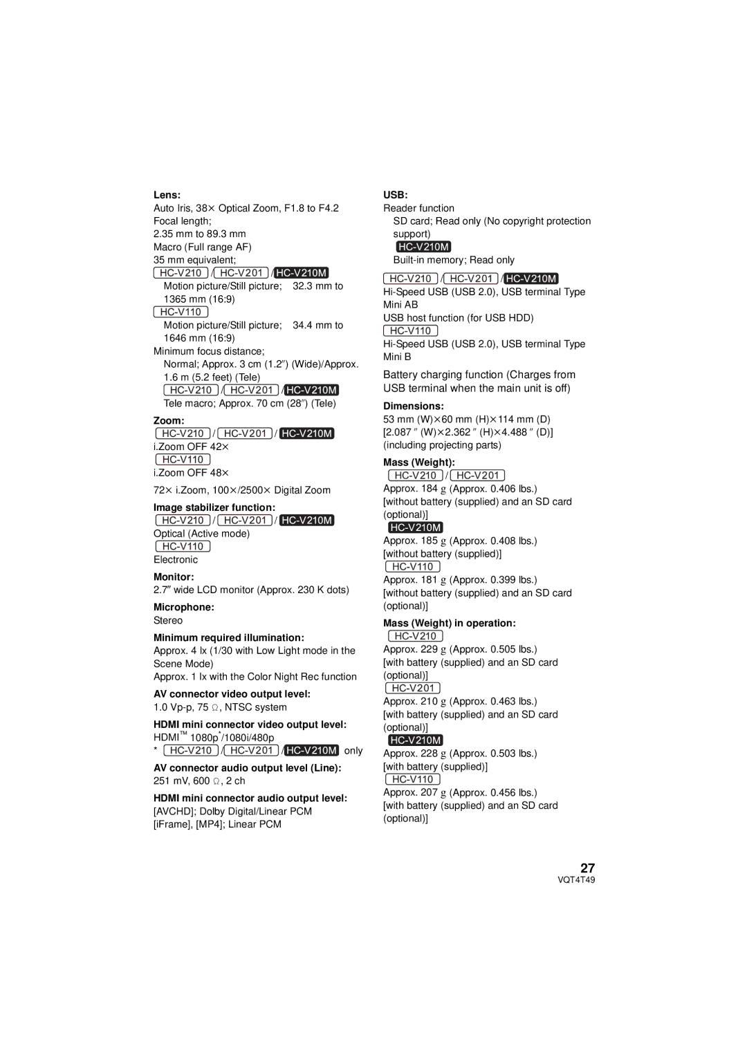 Panasonic HC-V210 Lens, Zoom, Image stabilizer function, Monitor, Microphone, Minimum required illumination, Dimensions 