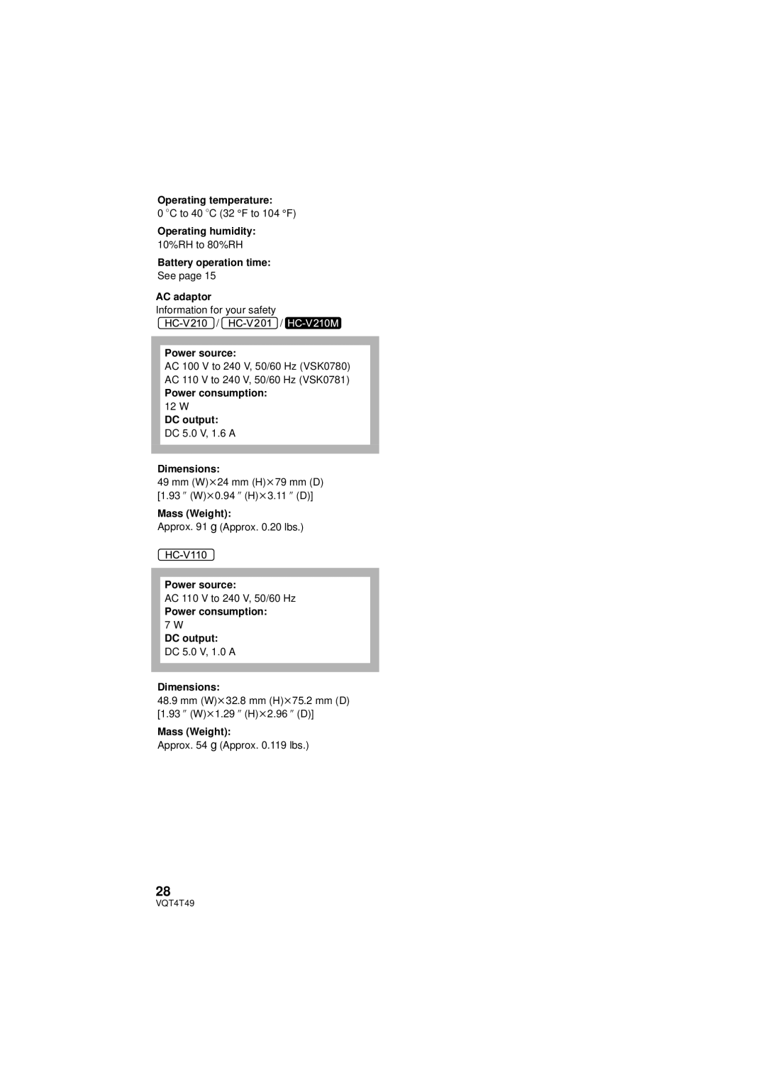 Panasonic HC-V201, HCV201K, HC-V210M Operating temperature, Operating humidity, Battery operation time, Power source 