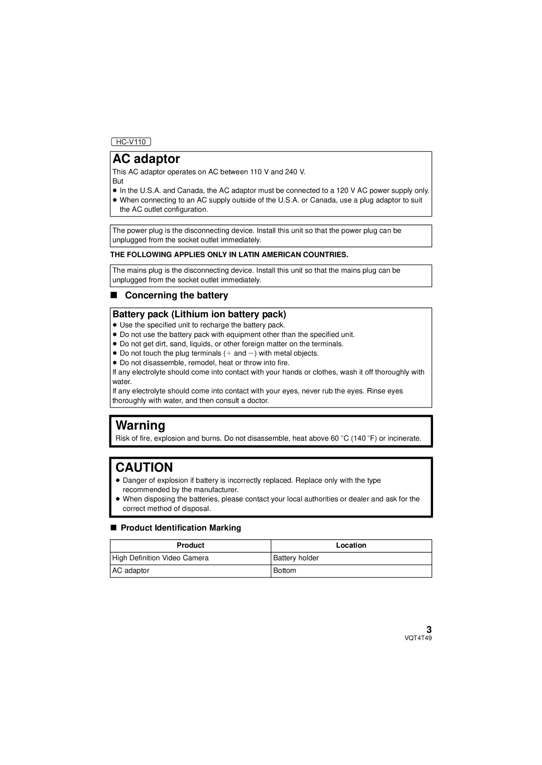 Panasonic HC-V201, HCV201K, HC-V210M, HC-V110 owner manual Product Identification Marking, Product Location 