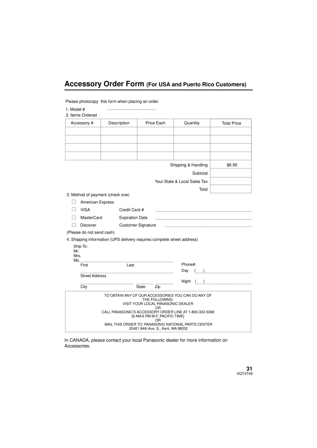 Panasonic HC-V210M, HCV201K, HC-V201, HC-V110 owner manual Accessory Order Form For USA and Puerto Rico Customers, Visa 