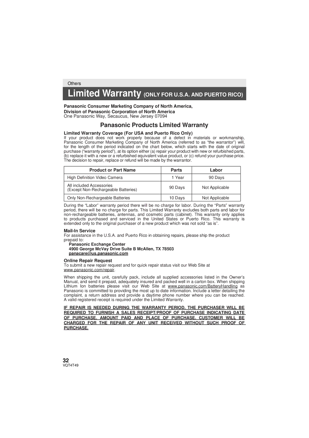 Panasonic HCV201K, HC-V210M, HC-V201, HC-V110 owner manual Panasonic Products Limited Warranty 