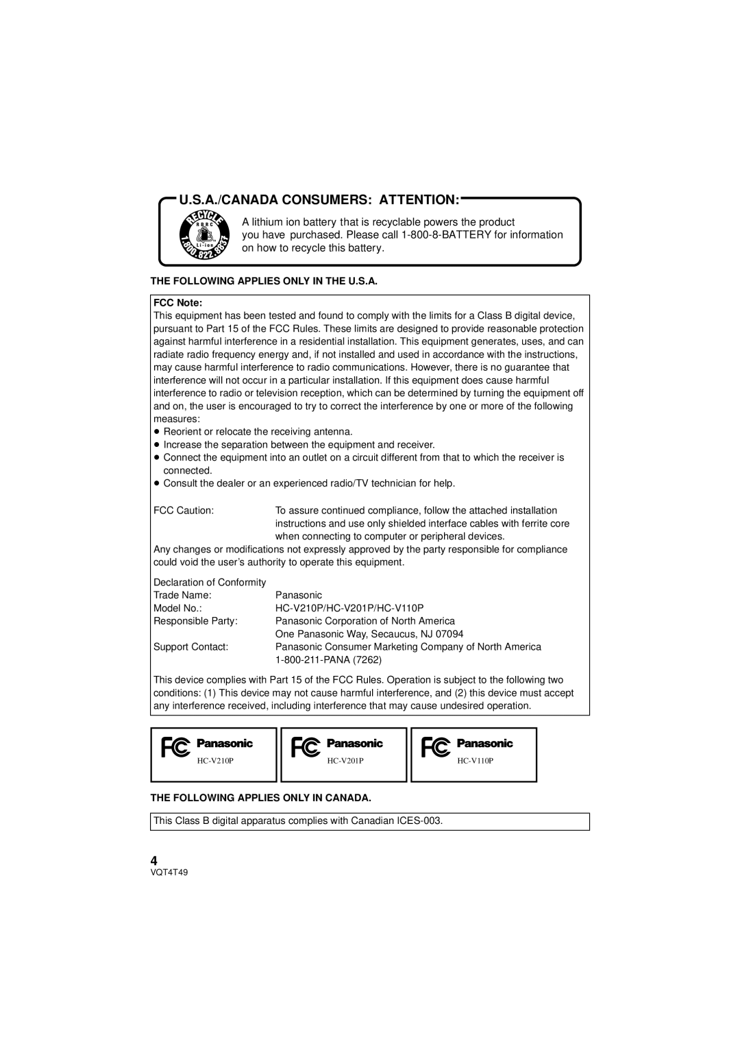 Panasonic HC-V110, HCV201K, HC-V210M, HC-V201 owner manual A./CANADA Consumers Attention, FCC Note 