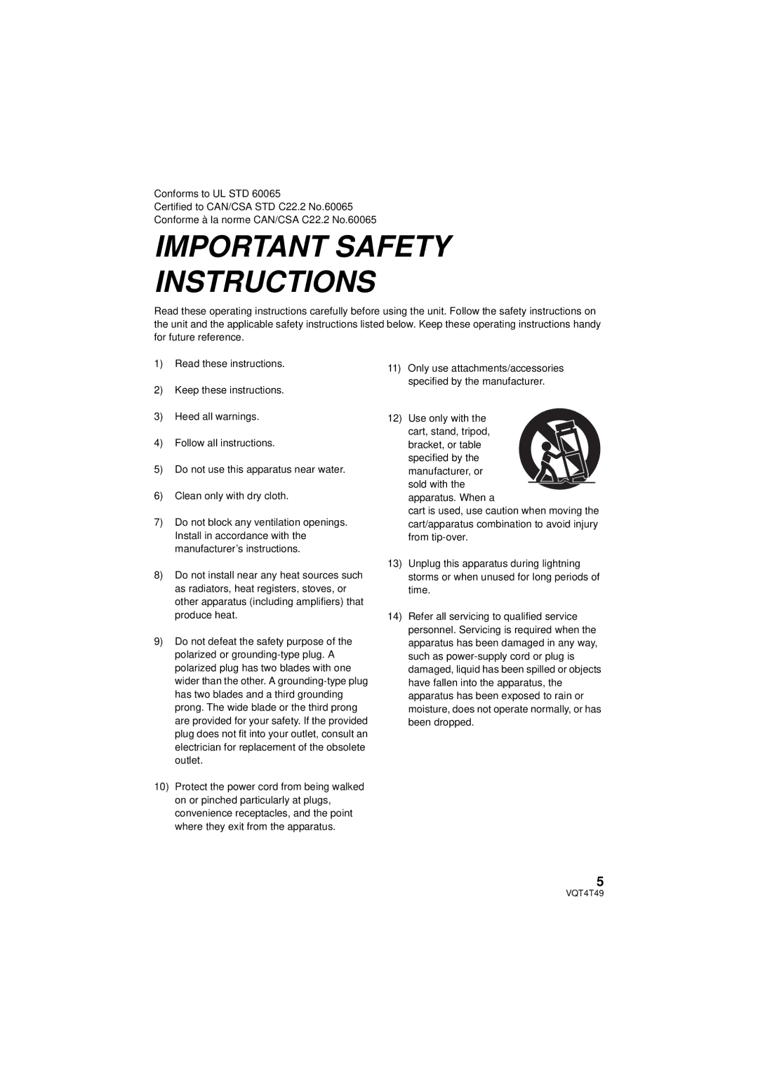 Panasonic HCV201K, HC-V210M, HC-V201, HC-V110 owner manual Important Safety Instructions 