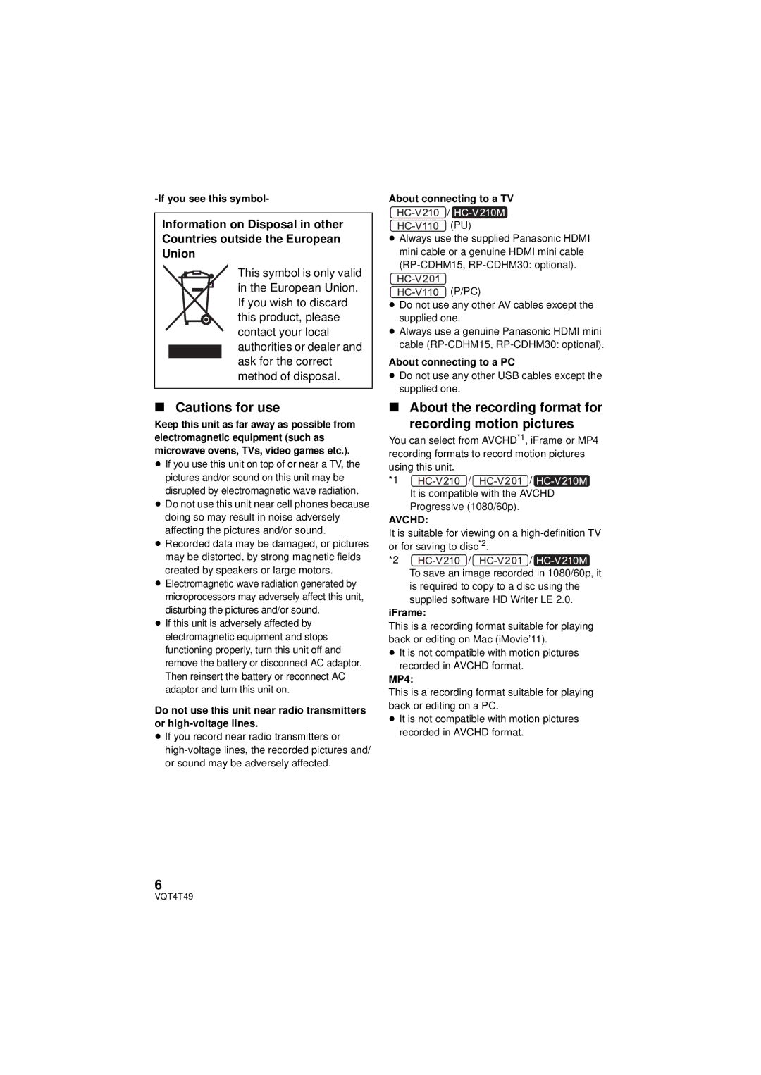 Panasonic HC-V210M, HCV201K, HC-V201, HC-V110 owner manual About the recording format for Recording motion pictures 