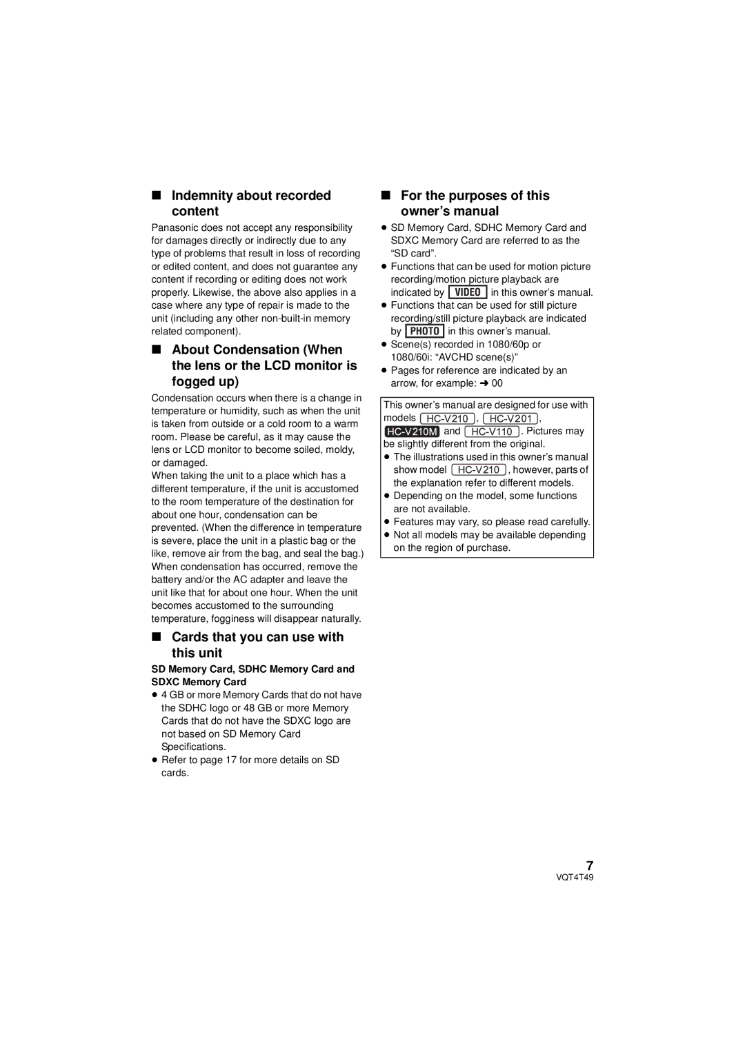 Panasonic HC-V210 Indemnity about recorded Content, Cards that you can use with This unit, For the purposes of this 