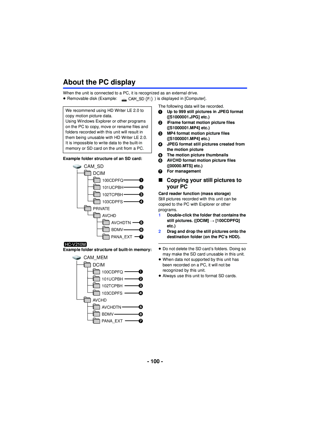 Panasonic HCX920K, HCV201K, HC-V210M, HC-V201, HCV110K About the PC display, Copying your still pictures to Your PC, 100 