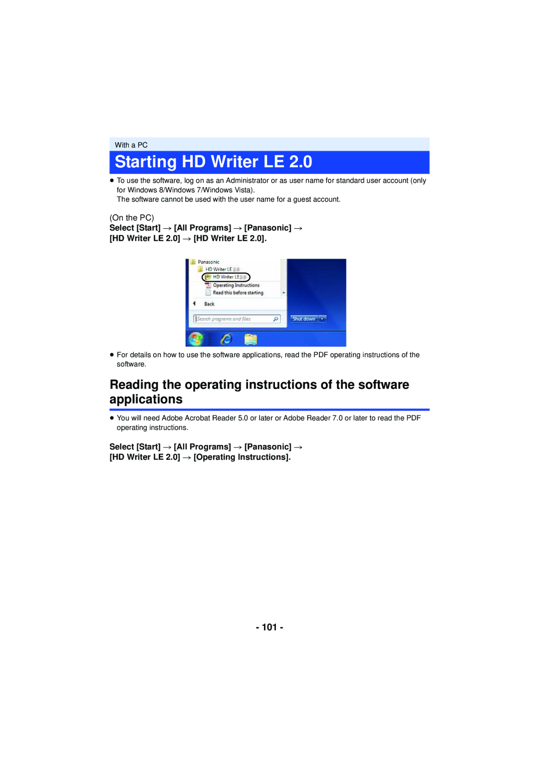 Panasonic HCV201K, HCX920K, HC-V210M, HC-V201, HCV110K, HC-V110, VQT4T63 owner manual Starting HD Writer LE, 101 