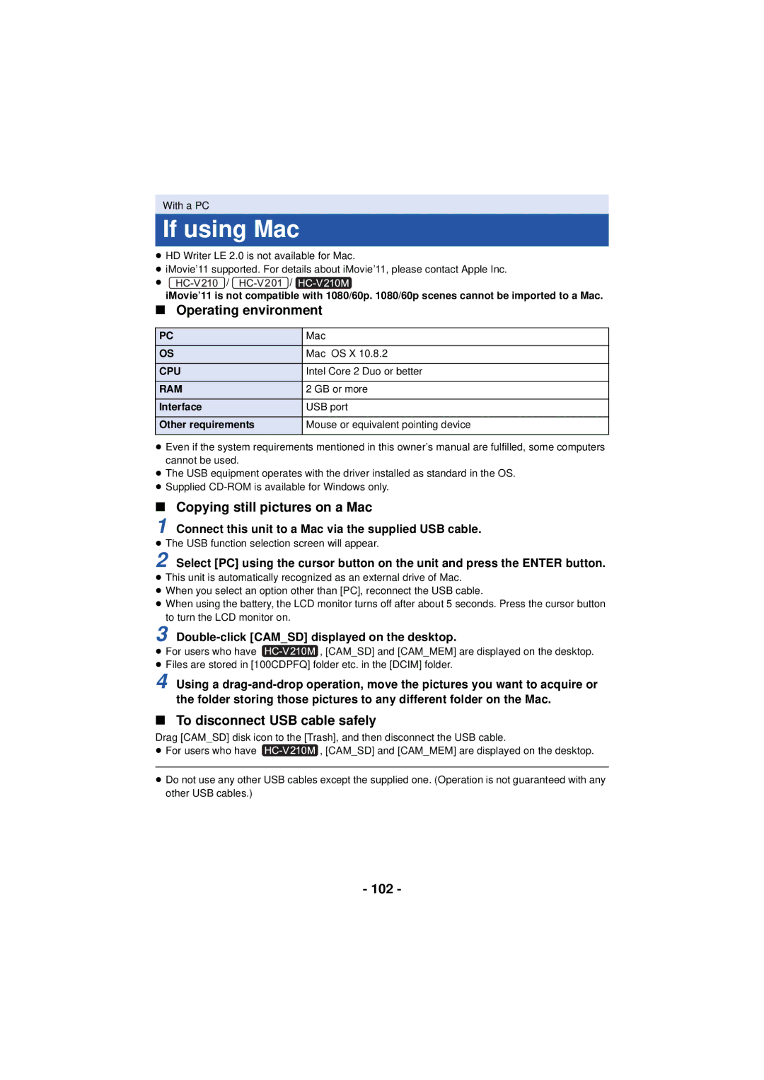 Panasonic HC-V210M, HCV201K, HCX920K, HC-V201 If using Mac, Operating environment, Copying still pictures on a Mac, 102 