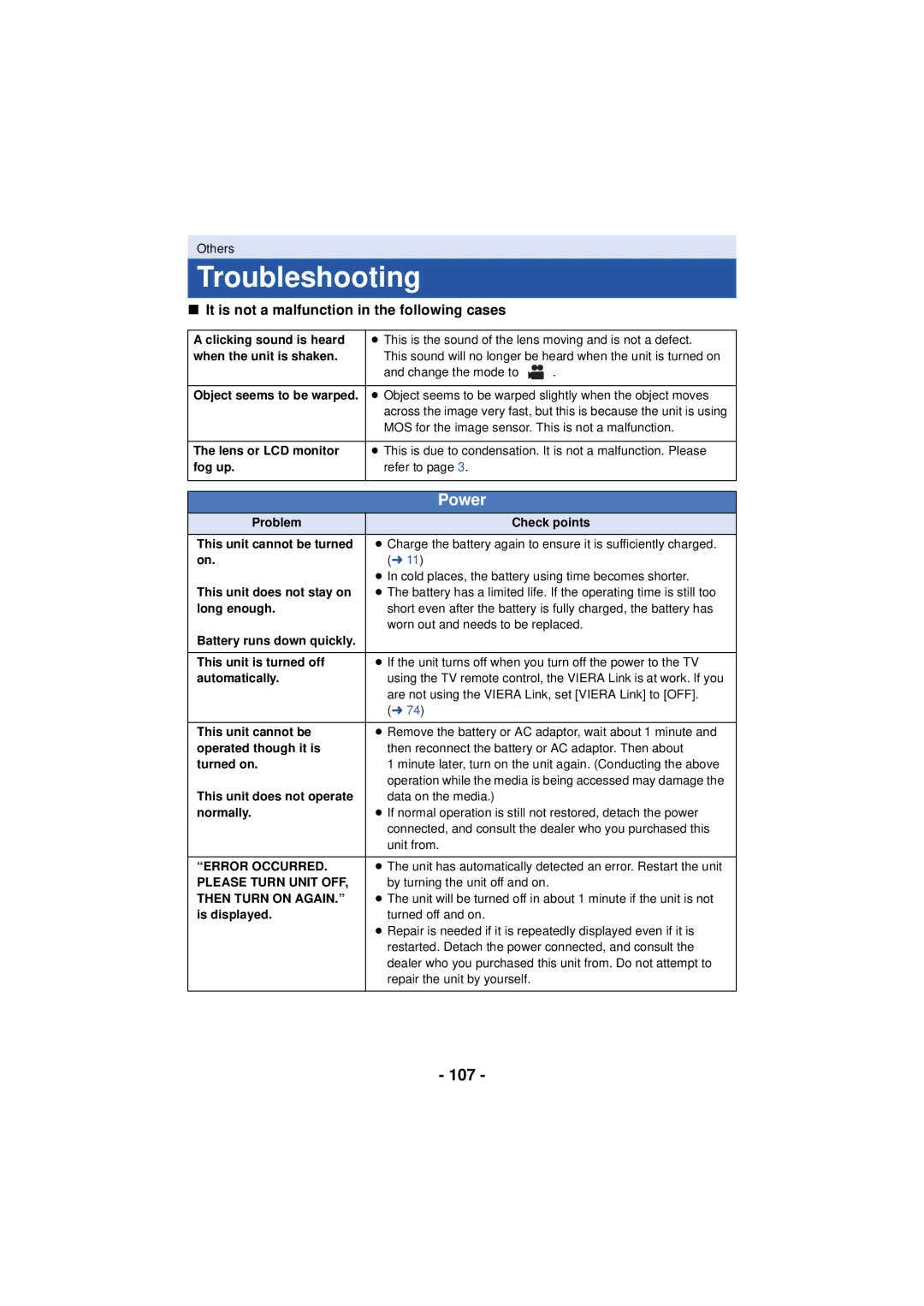 Panasonic VQT4T63, HCV201K, HCX920K, HC-V210M, HC-V201 Troubleshooting, 107, It is not a malfunction in the following cases 