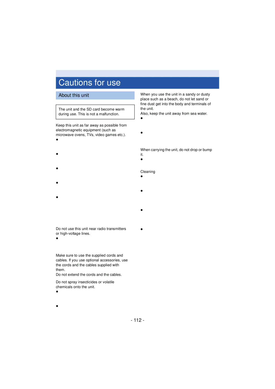 Panasonic HCV201K, HCX920K, HC-V210M About this unit, 112, When carrying the unit, do not drop or bump it, Cleaning 