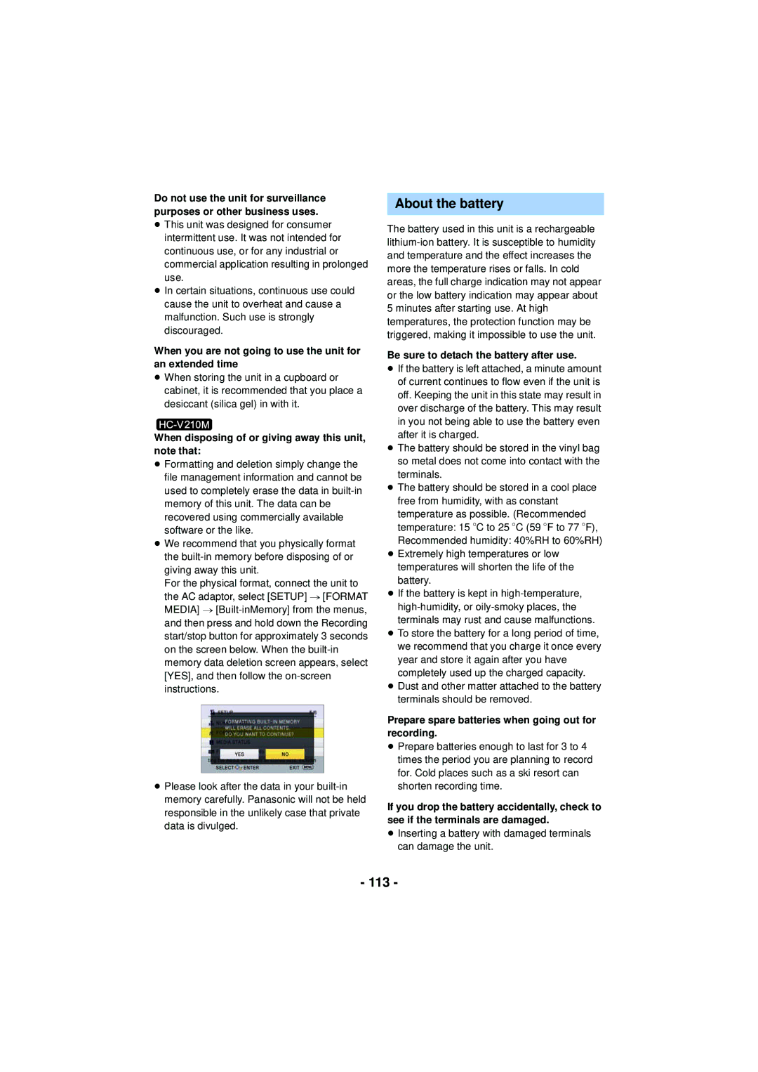 Panasonic HC-V201, HCV201K, HCX920K, HC-V210M, HCV110K, HC-V110, VQT4T63 owner manual About the battery, 113 