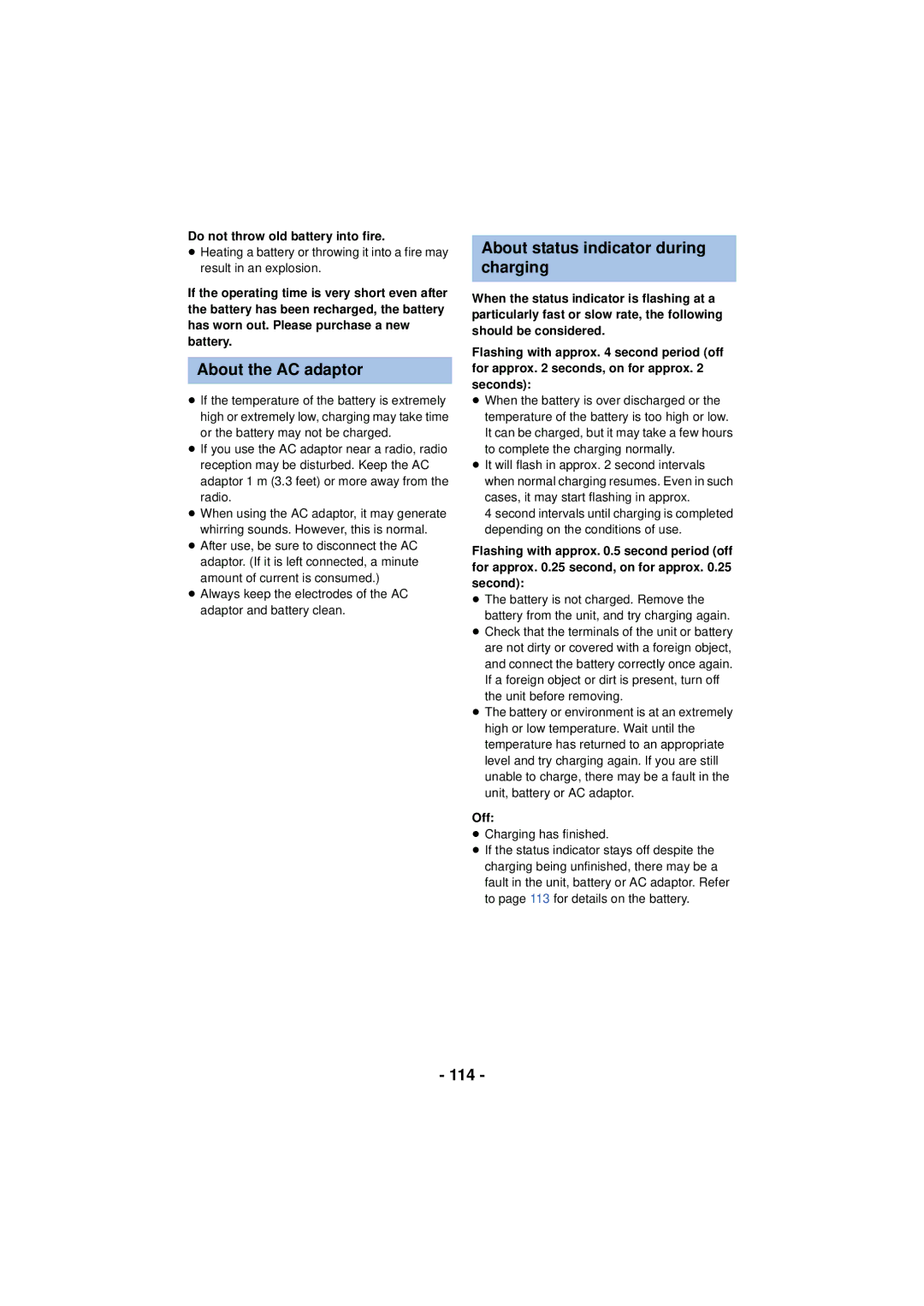 Panasonic HCV110K About the AC adaptor, About status indicator during charging, 114, Do not throw old battery into fire 