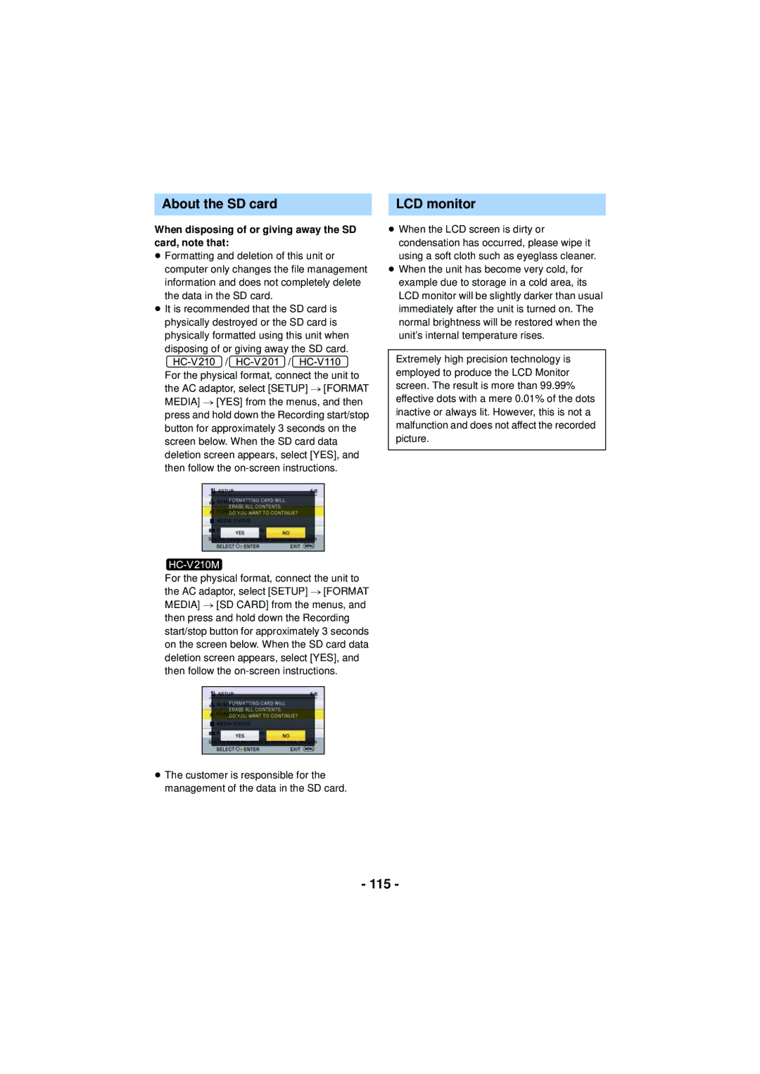 Panasonic HC-V110, HCV201K About the SD card LCD monitor, 115, When disposing of or giving away the SD card, note that 