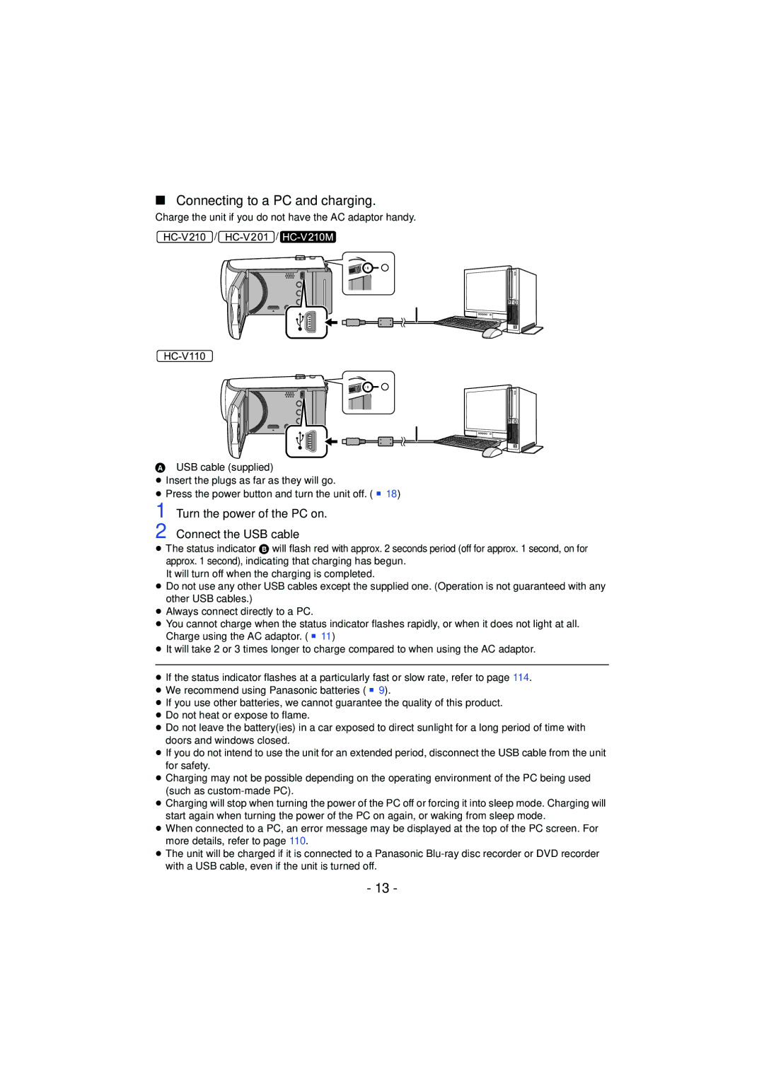 Panasonic HCV201K, HCX920K, HC-V210M, HC-V201, HCV110K Connecting to a PC and charging, Turn the power of the PC on 