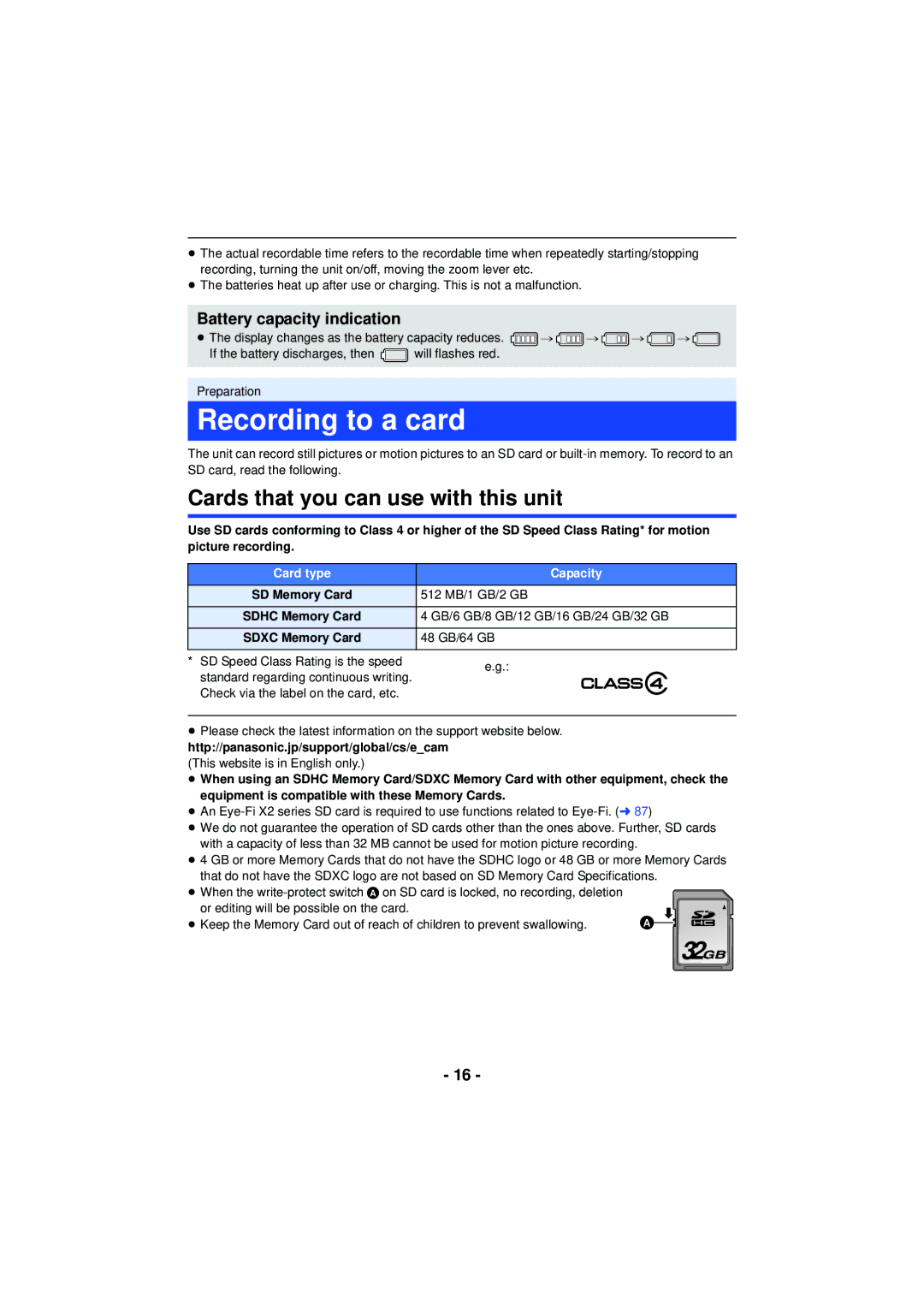 Panasonic HC-V110, HCV201K, HCX920K Recording to a card, Cards that you can use with this unit, Battery capacity indication 