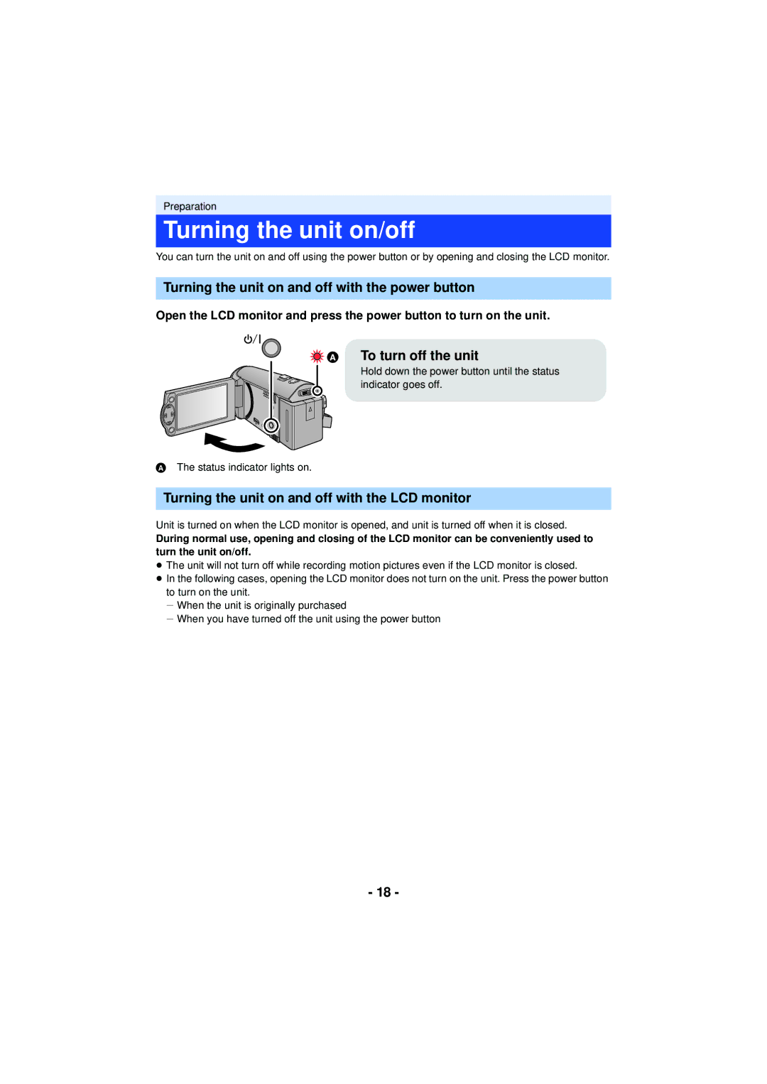 Panasonic HCV201K Turning the unit on/off, Turning the unit on and off with the power button,  To turn off the unit 