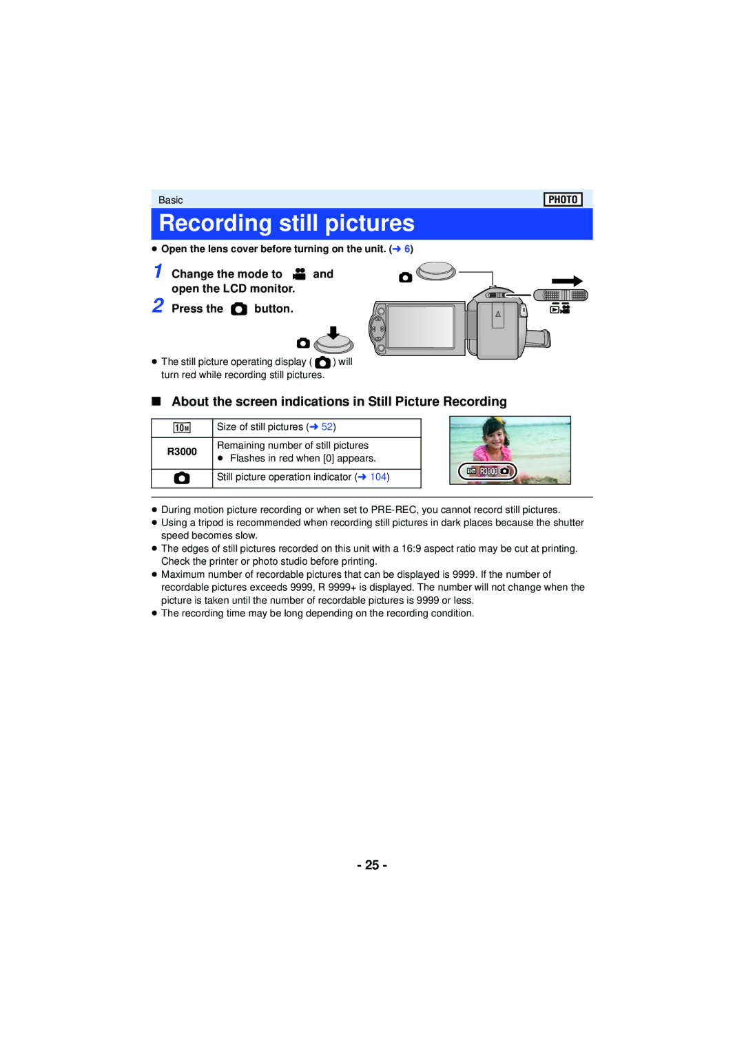 Panasonic HC-V110, HCV201K Recording still pictures, About the screen indications in Still Picture Recording, 10M, R3000 