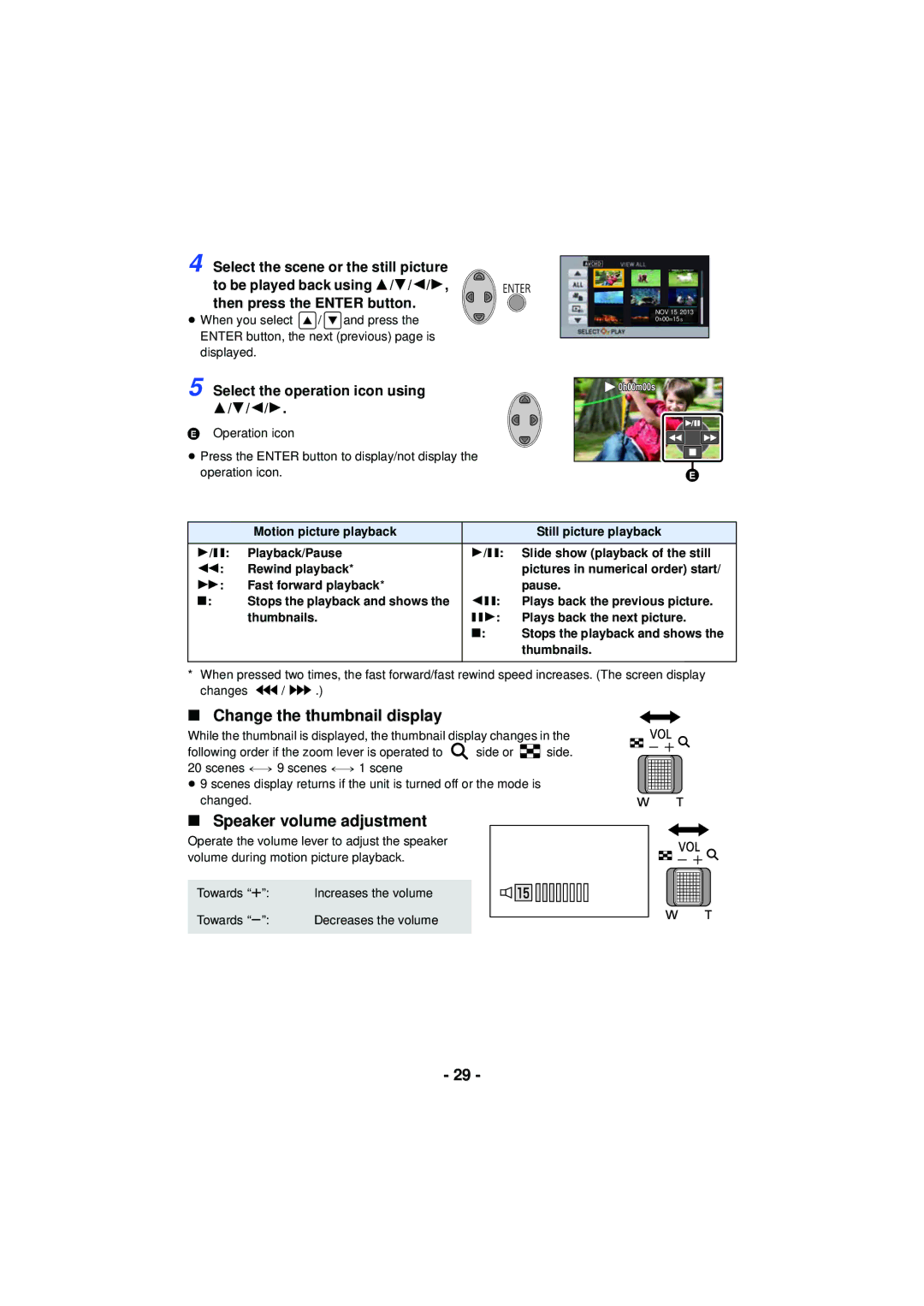 Panasonic HCV201K, HCX920K Change the thumbnail display, Speaker volume adjustment, Select the operation icon using 