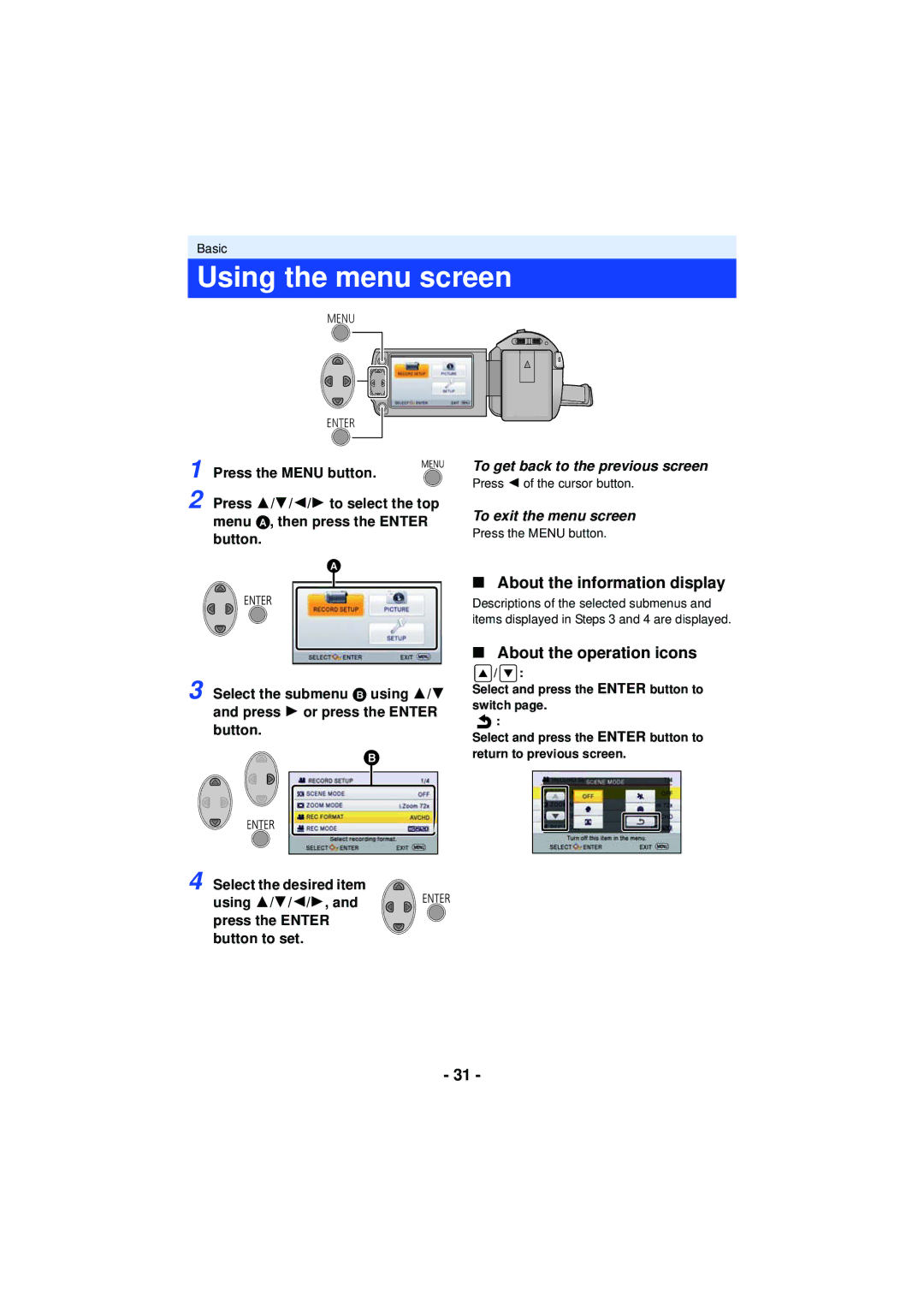 Panasonic HC-V210, HCV201K, HCX920K, HC-V201 Using the menu screen, About the information display, About the operation icons 