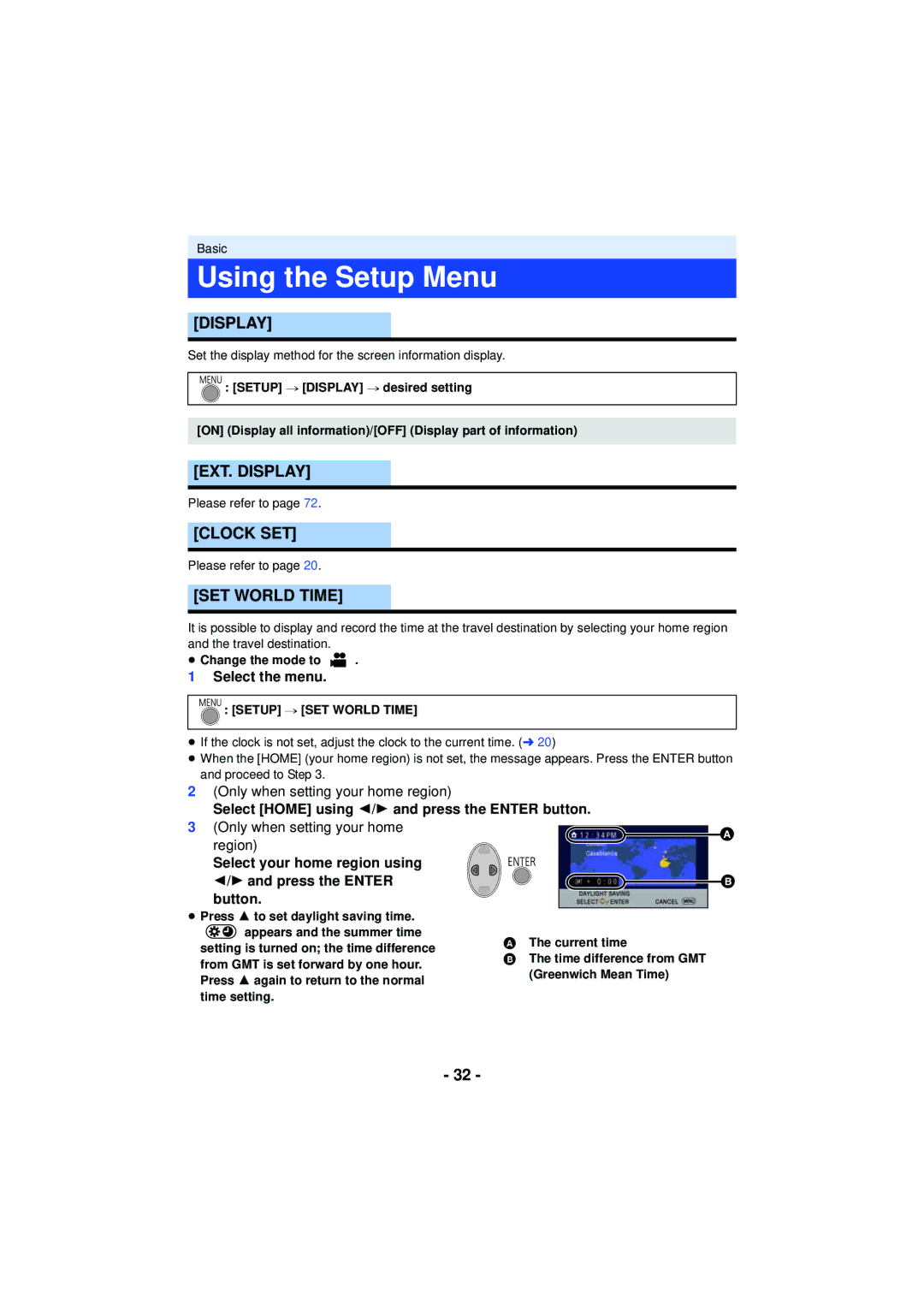 Panasonic HC-V201, HCV201K, HCX920K, HC-V210M, HCV110K Using the Setup Menu, EXT. Display, Clock SET, SET World Time 