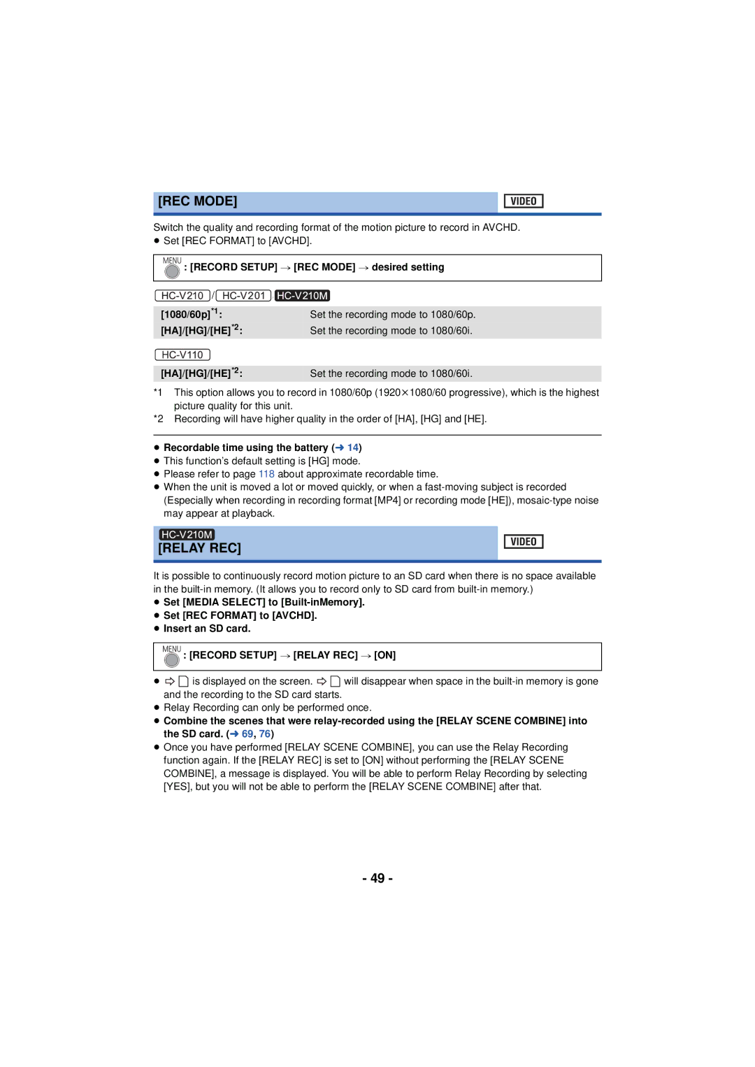 Panasonic HC-V210, HCV201K, HCX920K REC Mode, ≥ Recordable time using the battery l14, Record Setup # Relay REC # on 