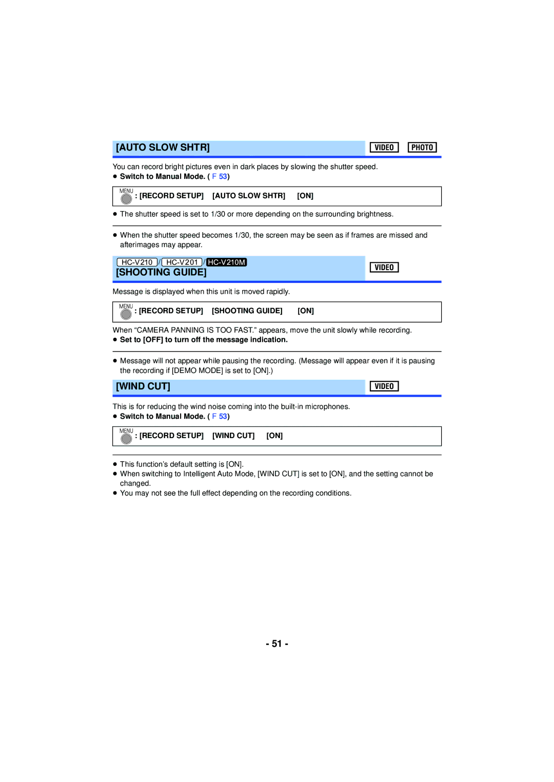 Panasonic HCV110K, HCV201K, HCX920K, HC-V210M, HC-V201, HC-V110, VQT4T63 owner manual Auto Slow Shtr, Shooting Guide, Wind CUT 