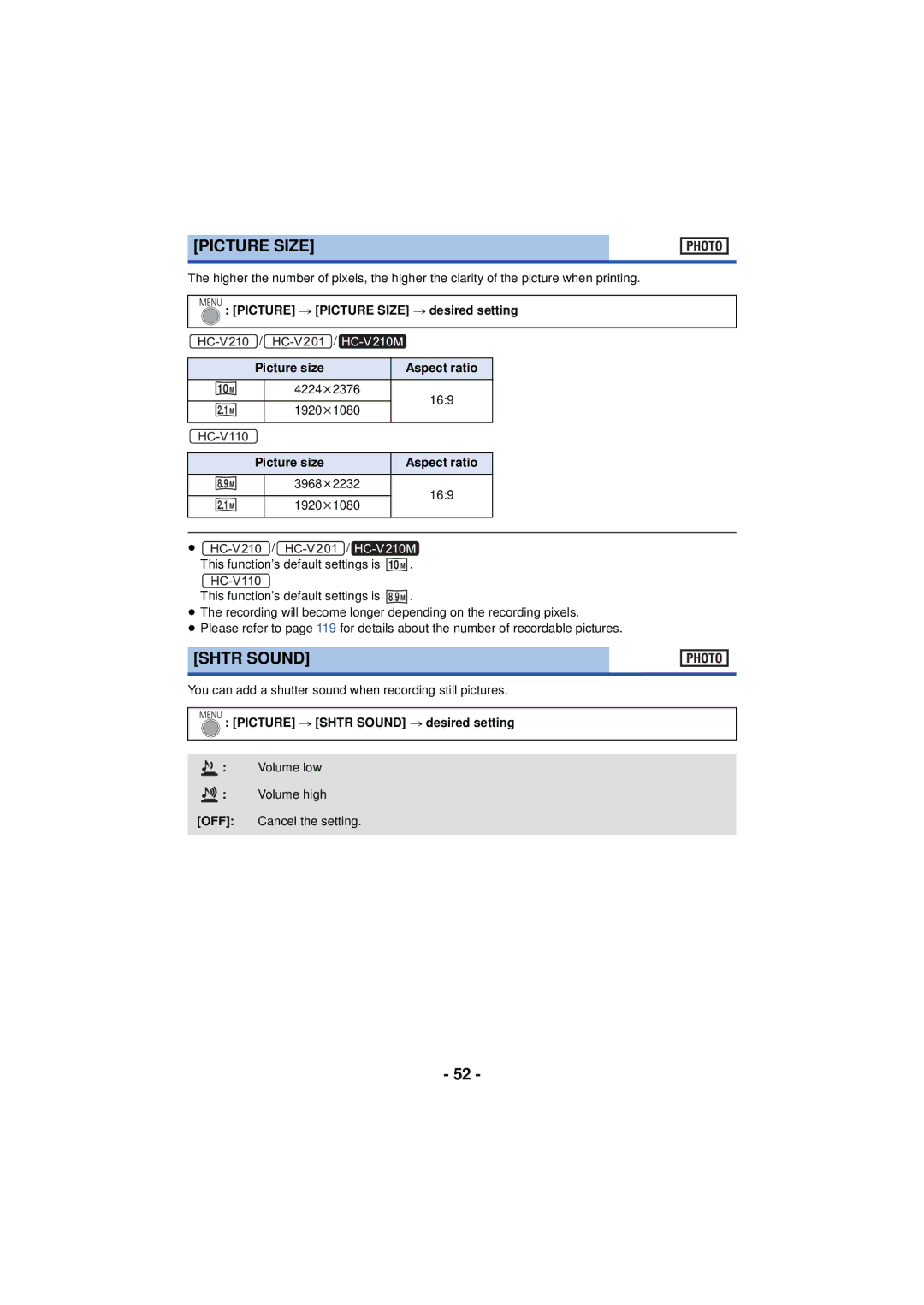 Panasonic HC-V110, HCV201K, HCX920K, HC-V210M, HC-V201, HCV110K Picture Size, Picture # Shtr Sound # desired setting 