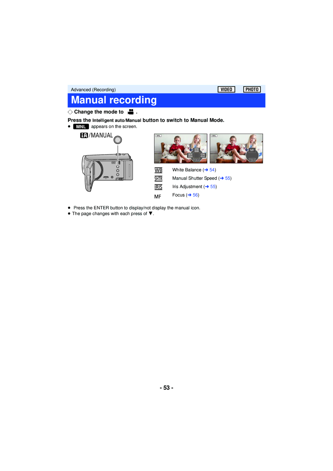 Panasonic VQT4T63, HCV201K, HCX920K, HC-V210M, HC-V201, HCV110K, HC-V110 owner manual Manual recording 