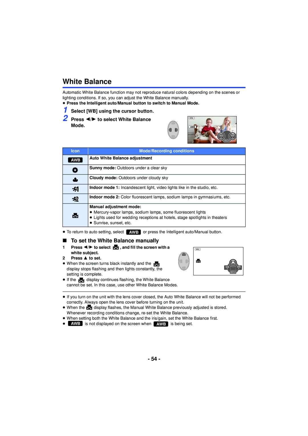 Panasonic HCV201K, HCX920 To set the White Balance manually, Select WB using the cursor button, Manual adjustment mode 