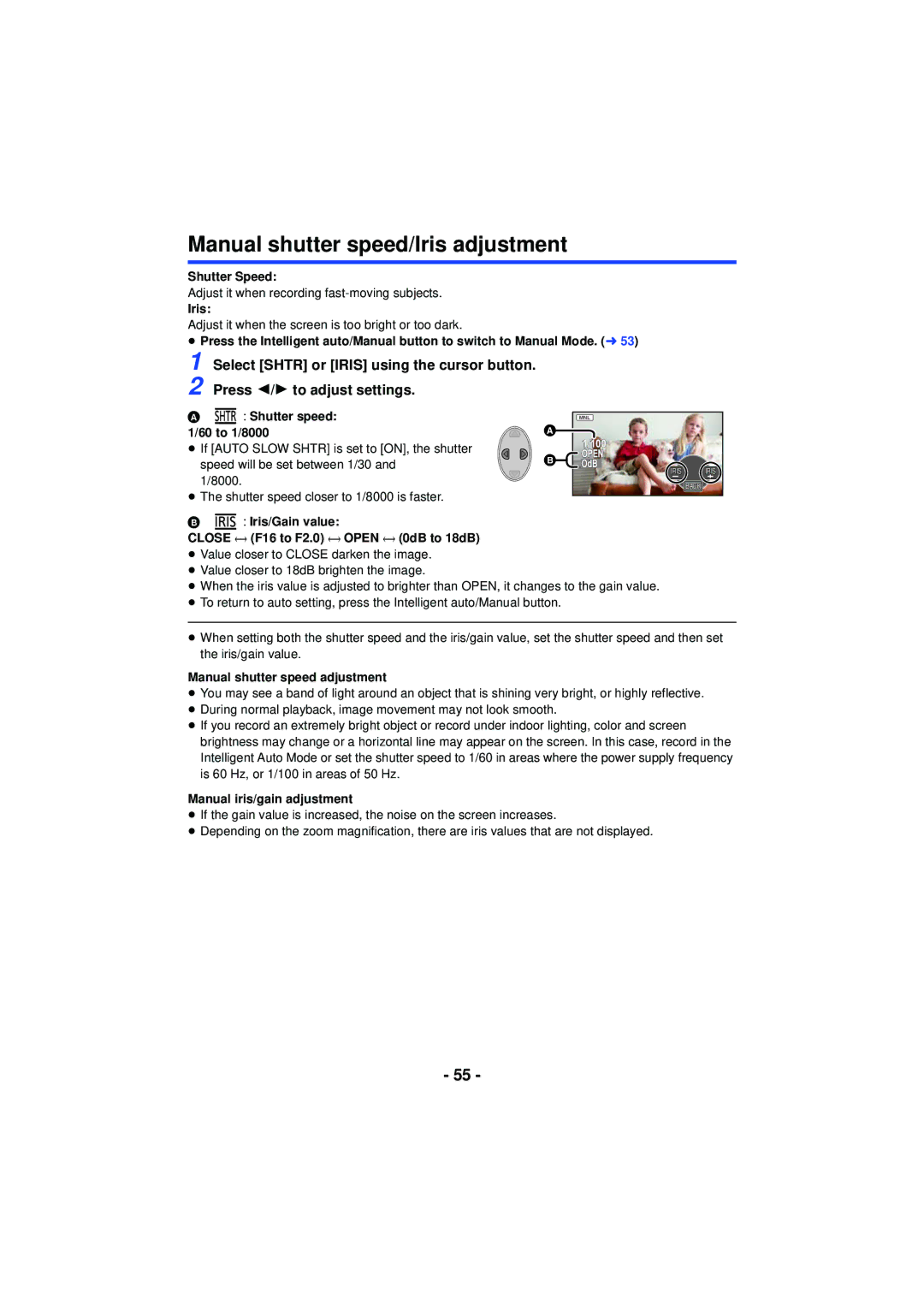 Panasonic HCX920K, HCV201K, HC-V210M, HC-V201, HCV110K, HC-V110, VQT4T63 owner manual Manual shutter speed/Iris adjustment 