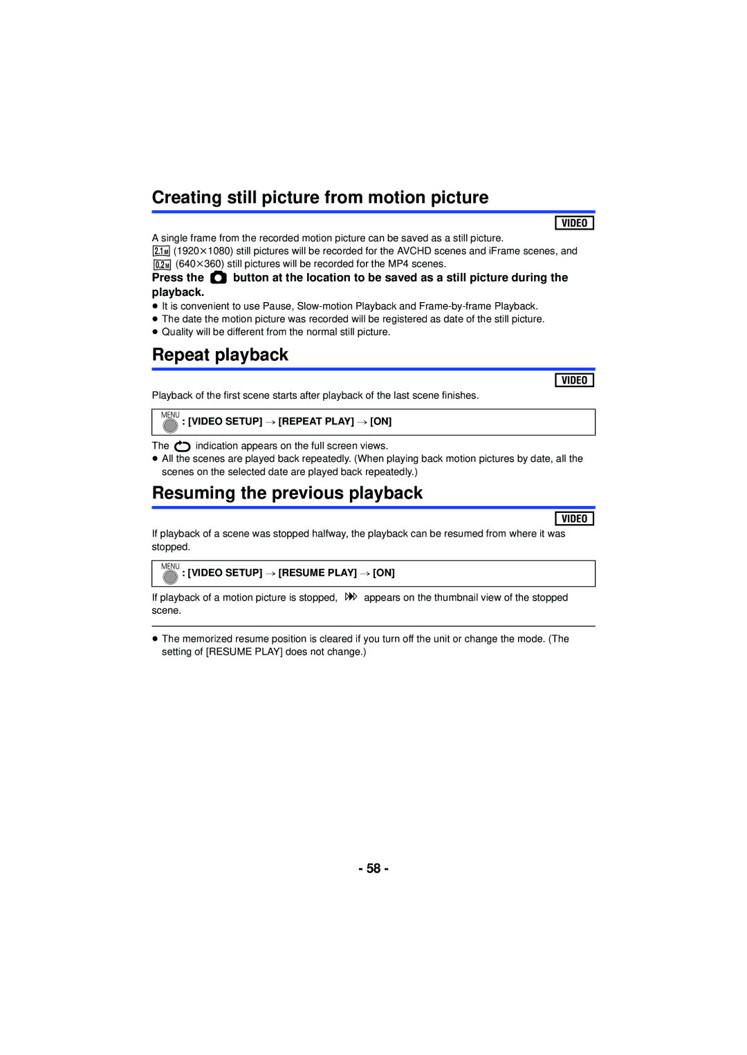 Panasonic HC-V210, HCV201K Creating still picture from motion picture, Repeat playback, Resuming the previous playback 