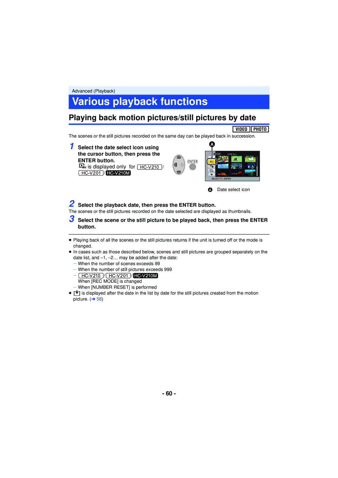 Panasonic HCV110K, HCV201K, HCX920K, HC-V210 Various playback functions, Playing back motion pictures/still pictures by date 