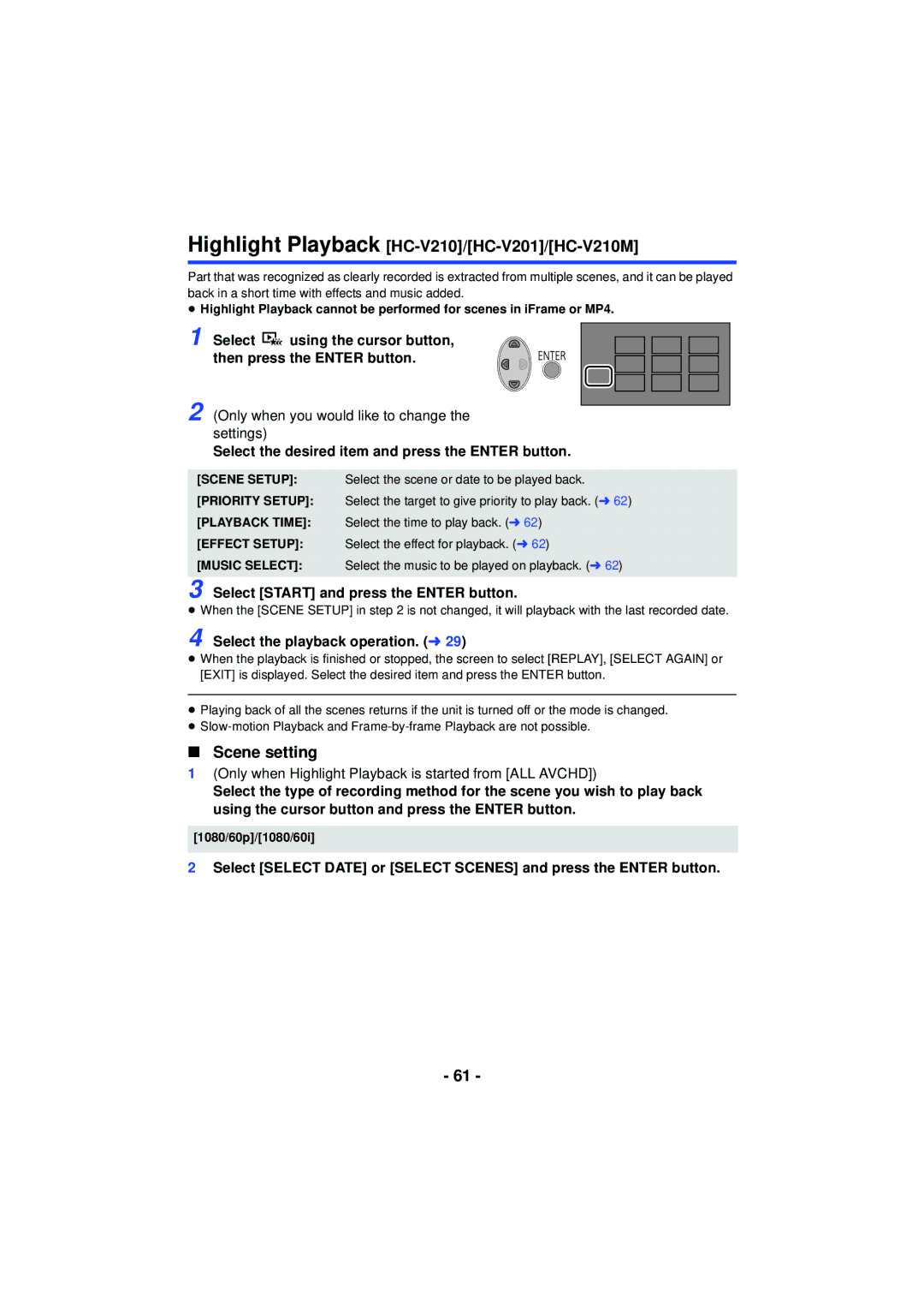 Panasonic HC-V110 Highlight Playback HC-V210/HC-V201/HC-V210M, Scene setting, Select Start and press the Enter button 