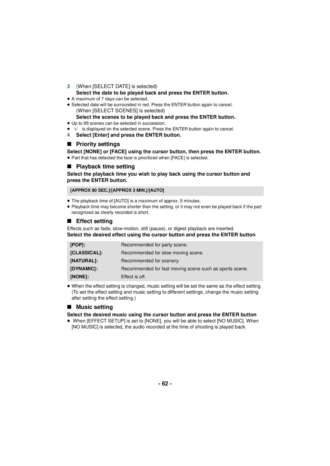 Panasonic VQT4T63, HCV201K, HCX920K, HC-V210M Priority settings, Playback time setting, Effect setting, Music setting 