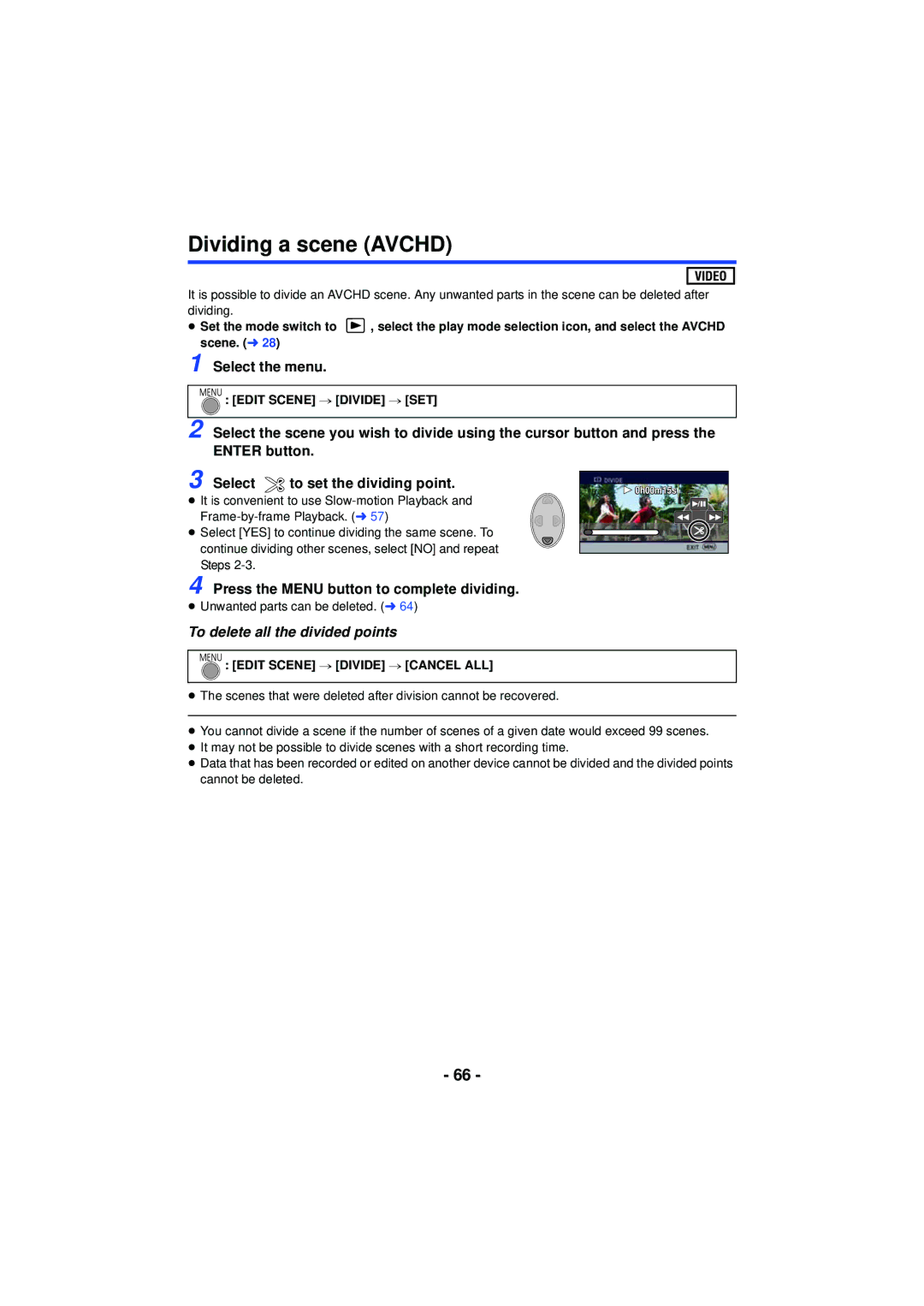 Panasonic HC-V210M, HCV201K Dividing a scene Avchd, Press the Menu button to complete dividing, Edit Scene # Divide # SET 