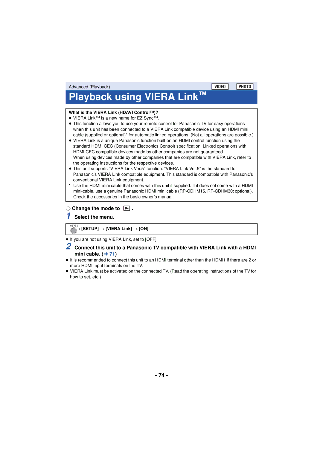 Panasonic HCX920 Playback using Viera Link, ¬ Change the mode to Select the menu, What is the Viera Link Hdavi Control? 