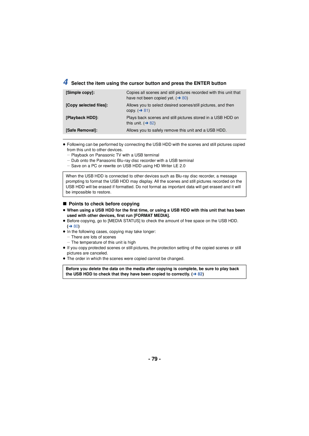 Panasonic HC-V110, HCV201K Points to check before copying, Simple copy, Copy selected files, Playback HDD, Safe Removal 