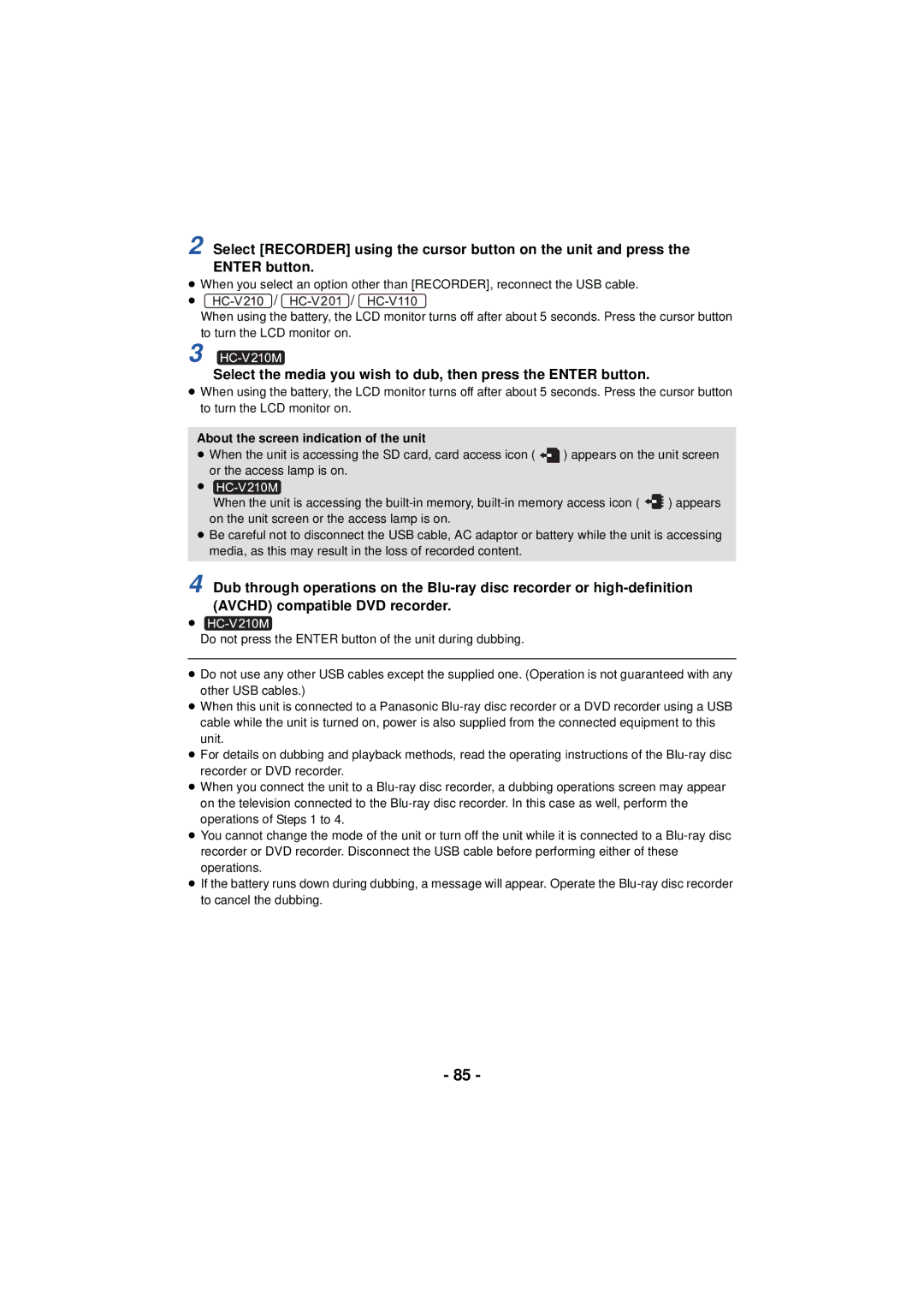 Panasonic HCV201K, HCX920K, HC-V210M, HC-V201, HCV110K, HC-V110, VQT4T63 owner manual About the screen indication of the unit 