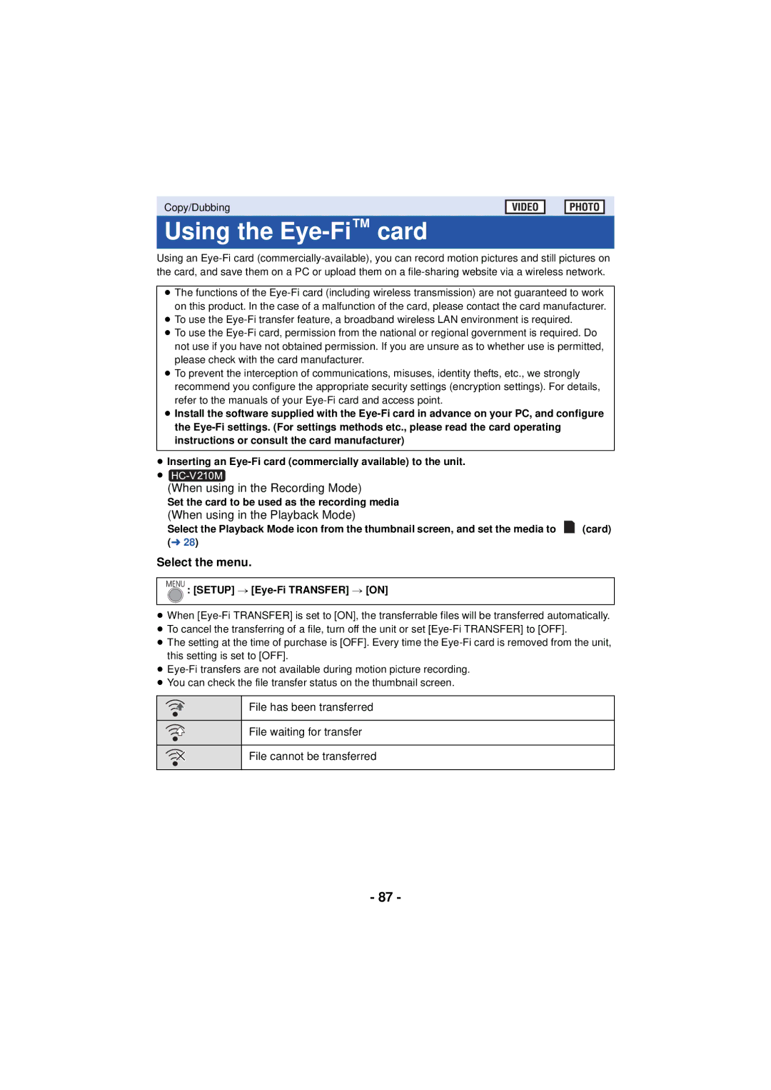 Panasonic HCV110K Using the Eye-Ficard, Set the card to be used as the recording media, Setup # Eye-Fi Transfer # on 