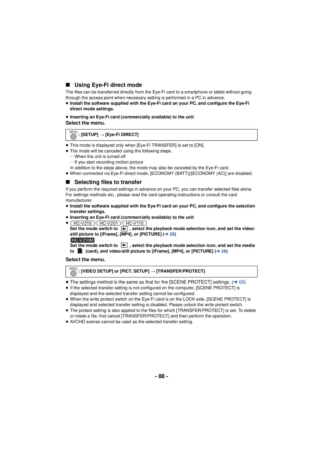Panasonic HC-V110, HCV201K, HCX920K, HC-V210M Using Eye-Fi direct mode, Selecting files to transfer, Setup # Eye-Fi Direct 