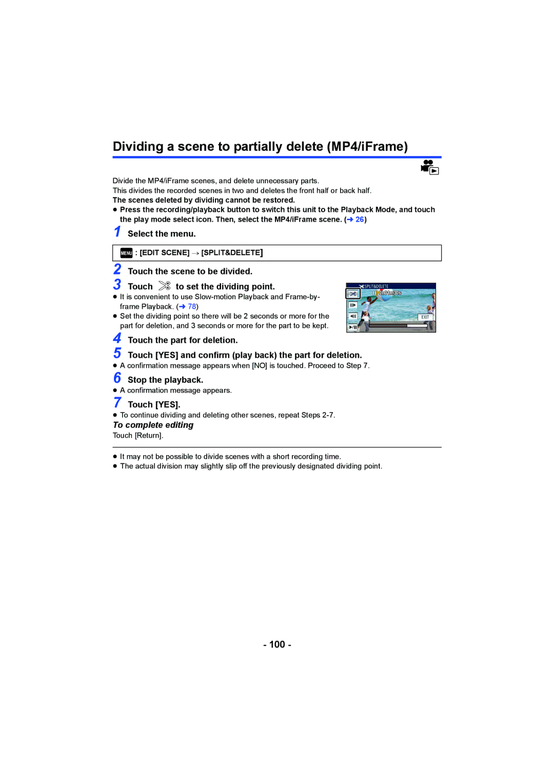 Panasonic HCV550K owner manual Dividing a scene to partially delete MP4/iFrame, 100, Touch the part for deletion 