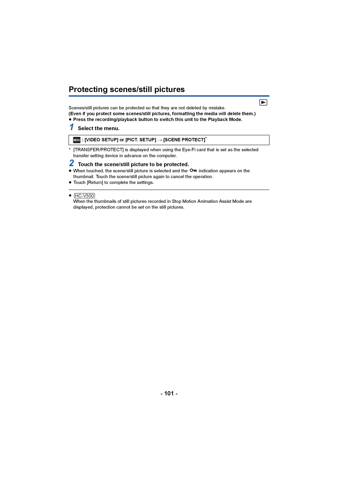 Panasonic HCV550K owner manual Protecting scenes/still pictures, 101, Touch the scene/still picture to be protected 