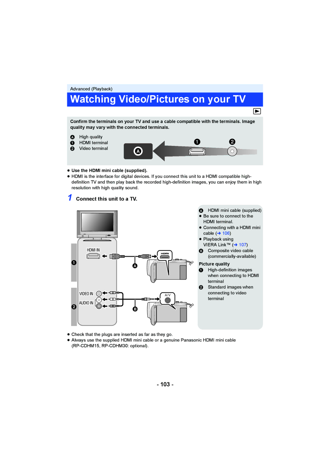 Panasonic HCV550K Watching Video/Pictures on your TV, 103, Connect this unit to a TV, ≥ Use the Hdmi mini cable supplied 