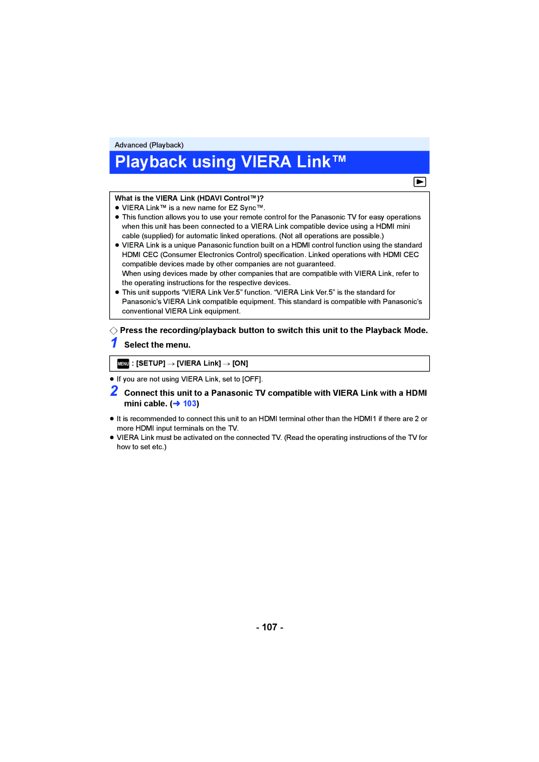 Panasonic HCV550K Playback using Viera Link, 107, What is the Viera Link Hdavi Control?, Menu Setup # Viera Link # on 