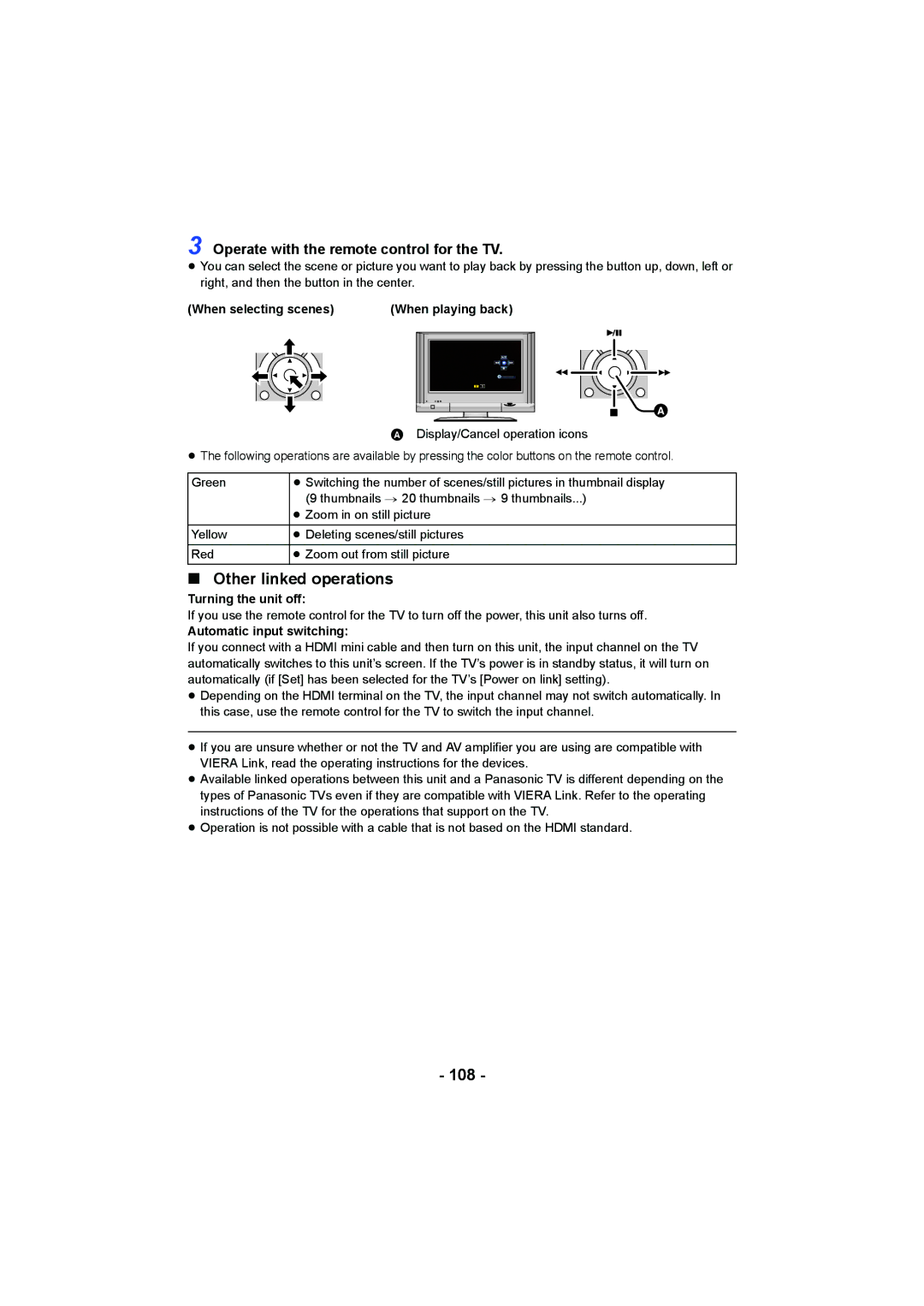 Panasonic HCV550K owner manual Other linked operations, 108, Operate with the remote control for the TV 