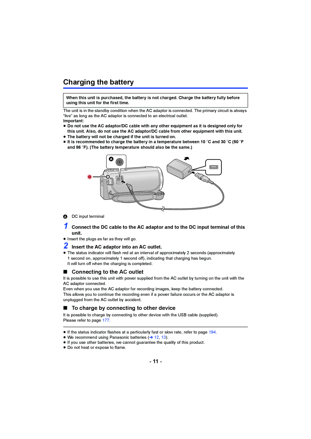 Panasonic HCV550K owner manual Charging the battery, Connecting to the AC outlet, To charge by connecting to other device 