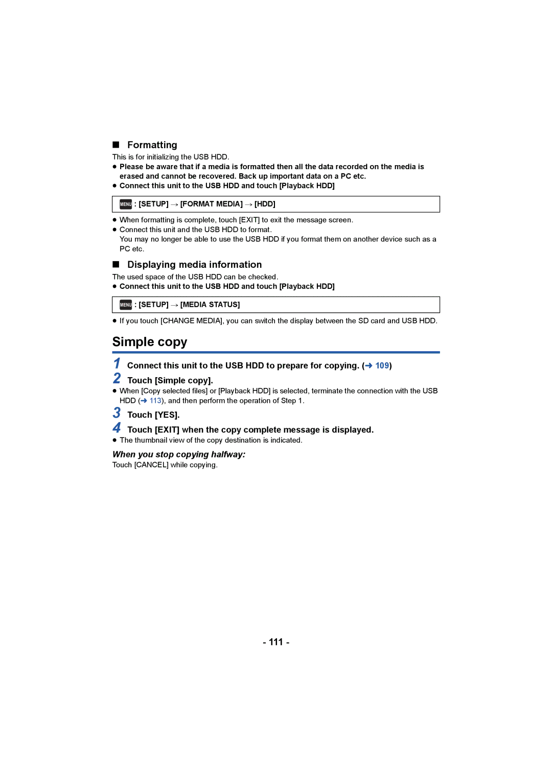 Panasonic HCV550K owner manual Simple copy, Formatting, Displaying media information, 111, When you stop copying halfway 