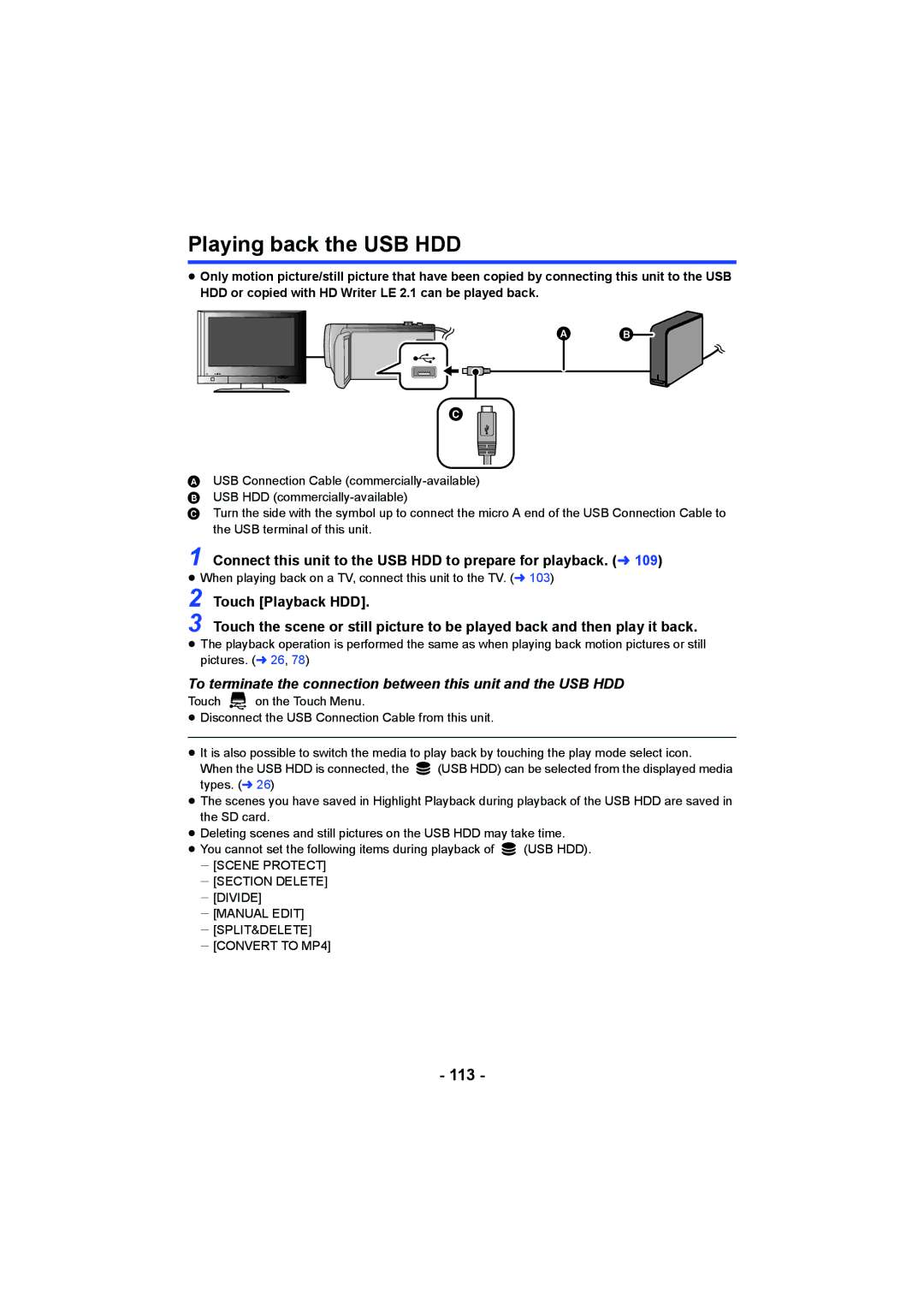 Panasonic HCV550K owner manual Playing back the USB HDD, 113, Connect this unit to the USB HDD to prepare for playback. l 