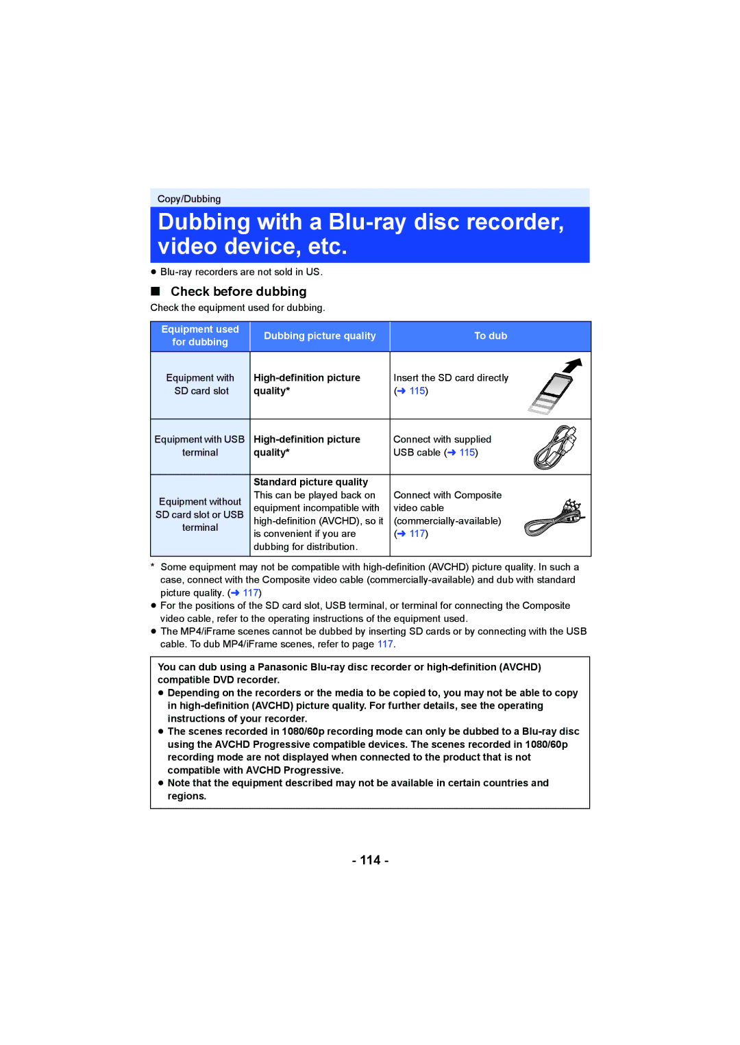 Panasonic HCV550K owner manual Dubbing with a Blu-ray disc recorder, video device, etc, Check before dubbing, 114 