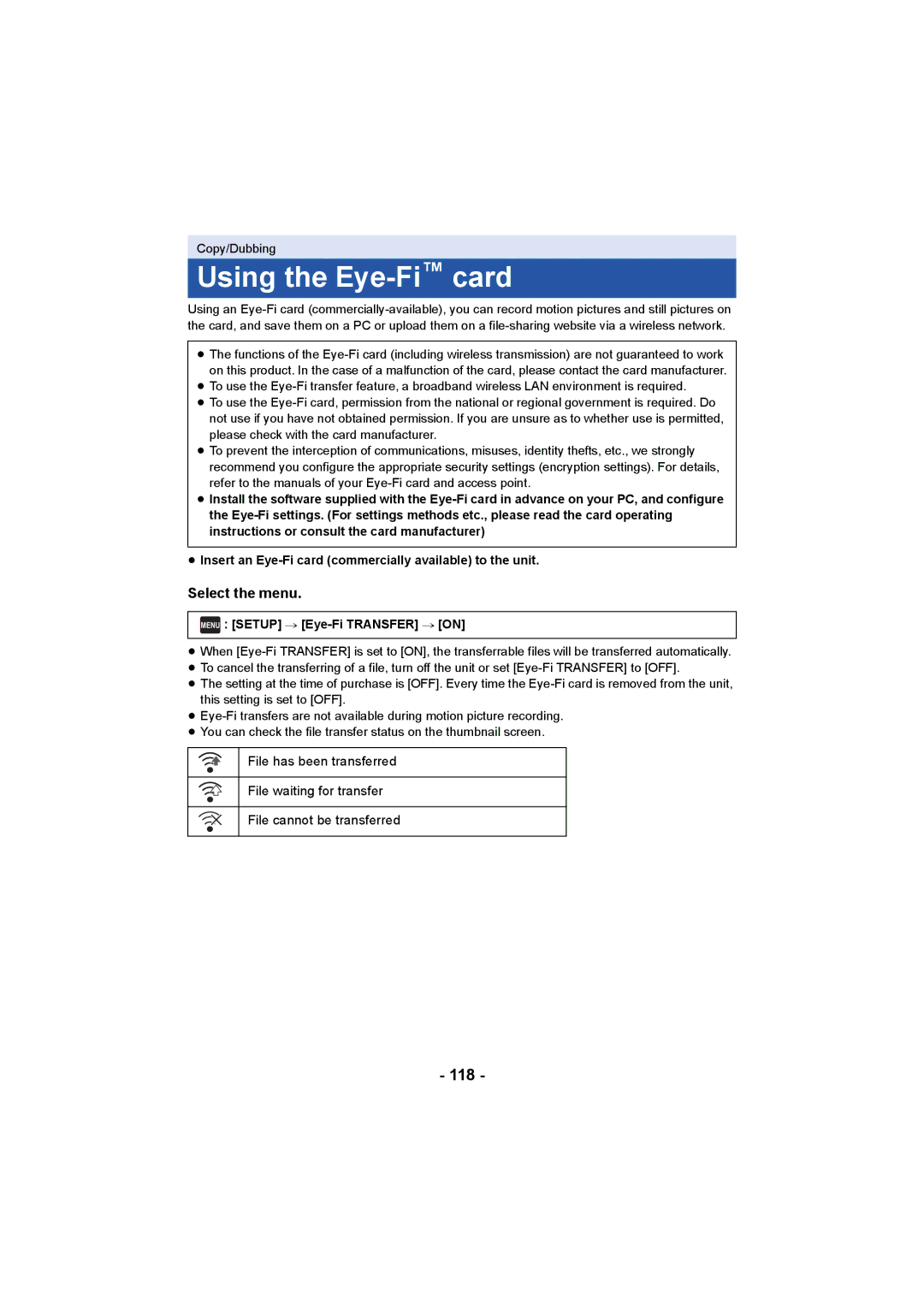 Panasonic HCV550K owner manual Using the Eye-Ficard, 118, Menu Setup # Eye-Fi Transfer # on 